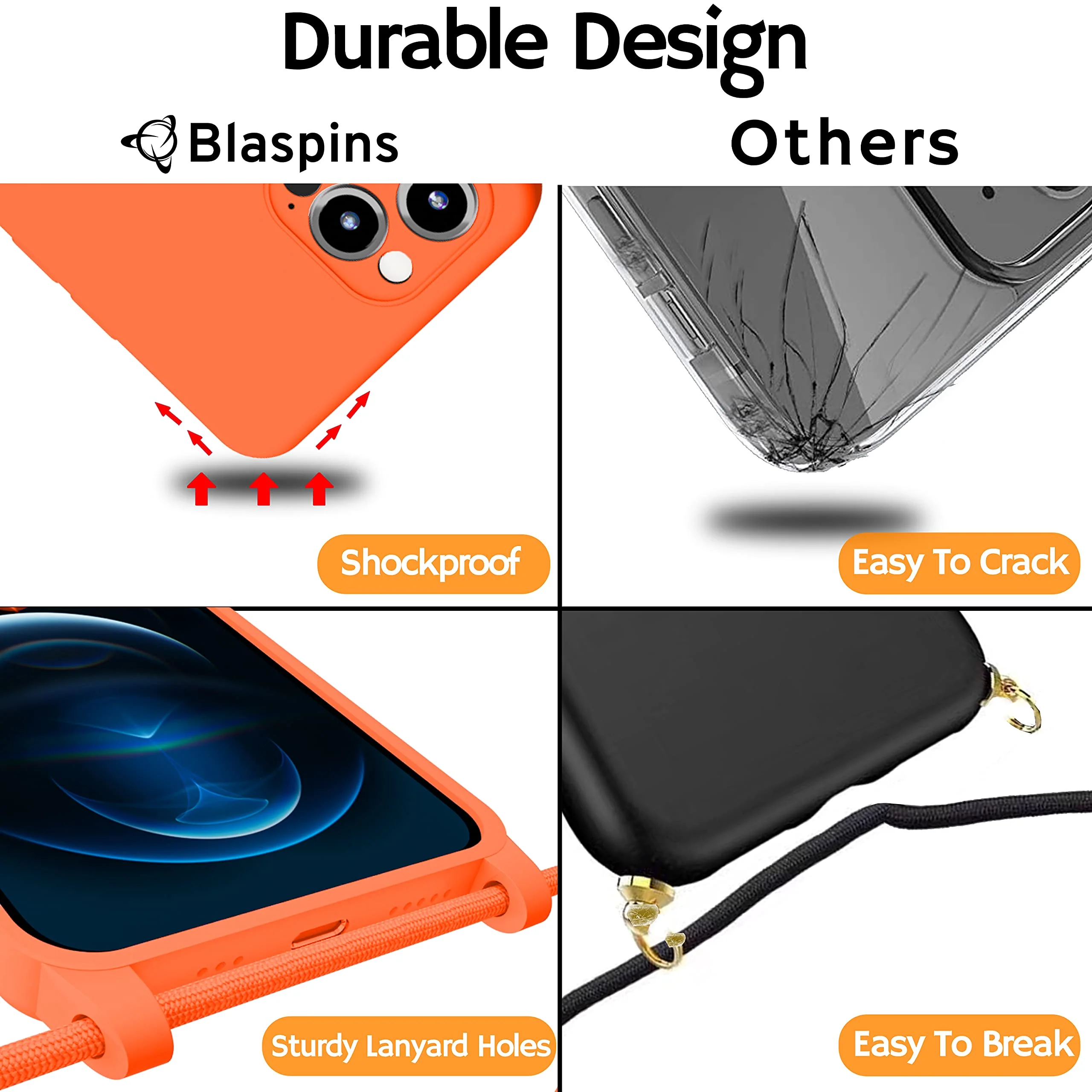 Blaspins Crossbody Lanyard Strap Case for iPhone 12, Neck Cross Body, Adjustable Holder Removable, Drop Protection Shockproof, Hands-Free Silicone Case Cover 6.1 inch, 150 cm Strap, iP12 - Orange - Image 9