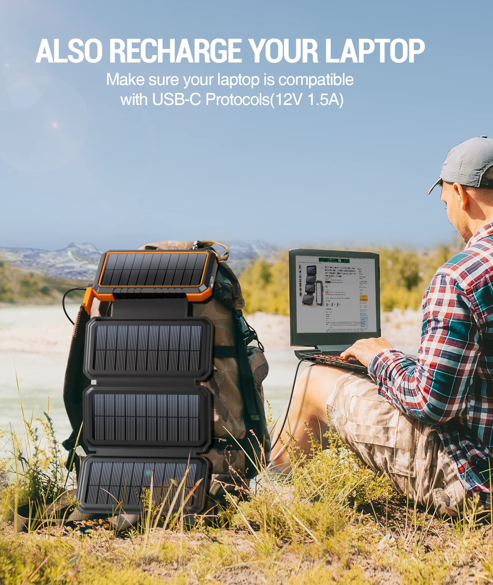 BLAVOR 20000mAh Solar Charger Power Bank PD 18W QC3.0 Fast Charging with 4 Foldable Panels (Orange) Plus 3 in 1 Multi Charging Cable 4FT - Image 4