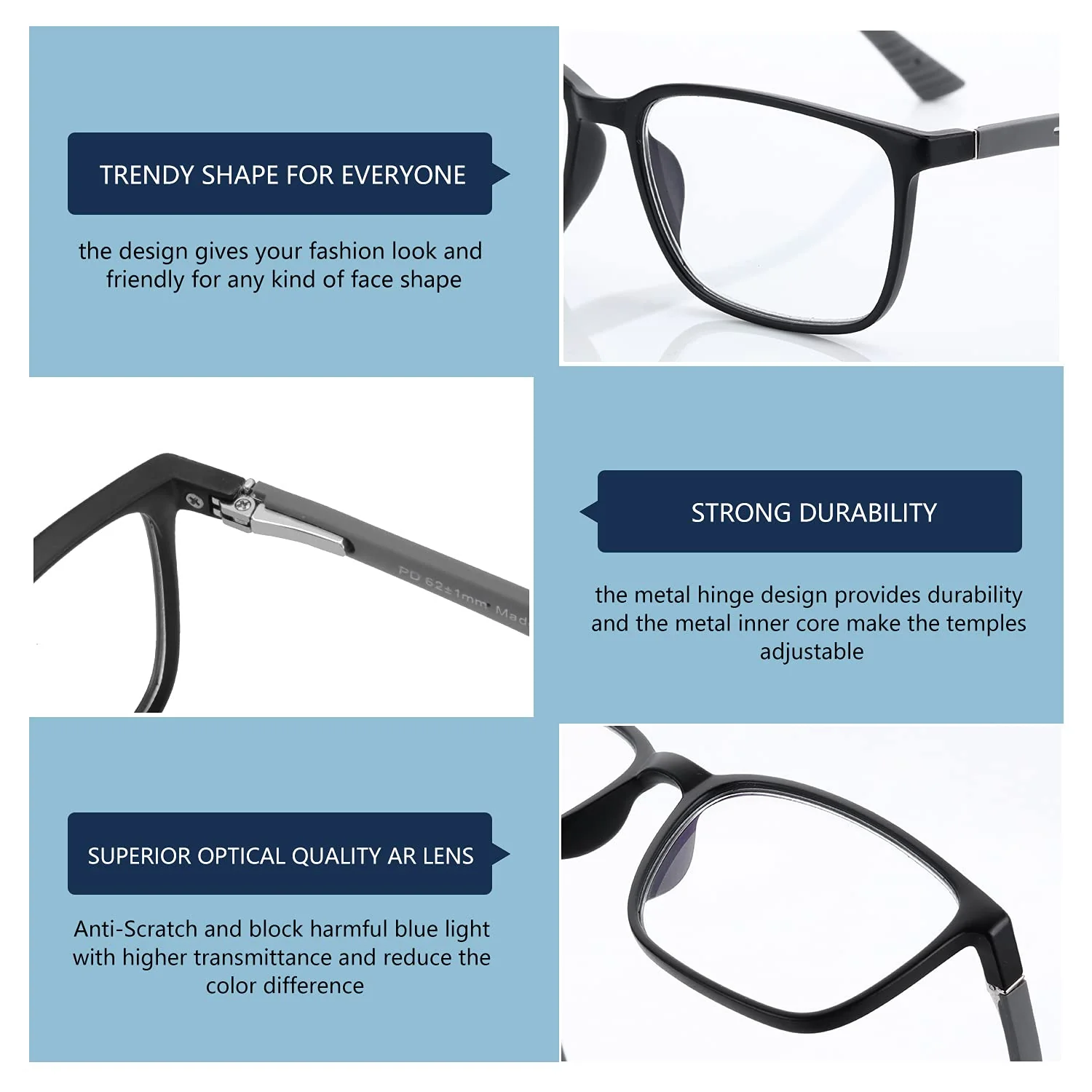 Blue Light Reading Glasses for Men,Sport Square Frame Readers, Anti Glare Computer Glasses 01 Black 0.0 x - Image 3