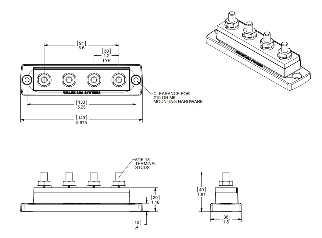 Blue Sea Systems 2127 250 Amp MaxiBus BusBar with 4 studs 250a, 4 Stud W/O Cvr - Image 2