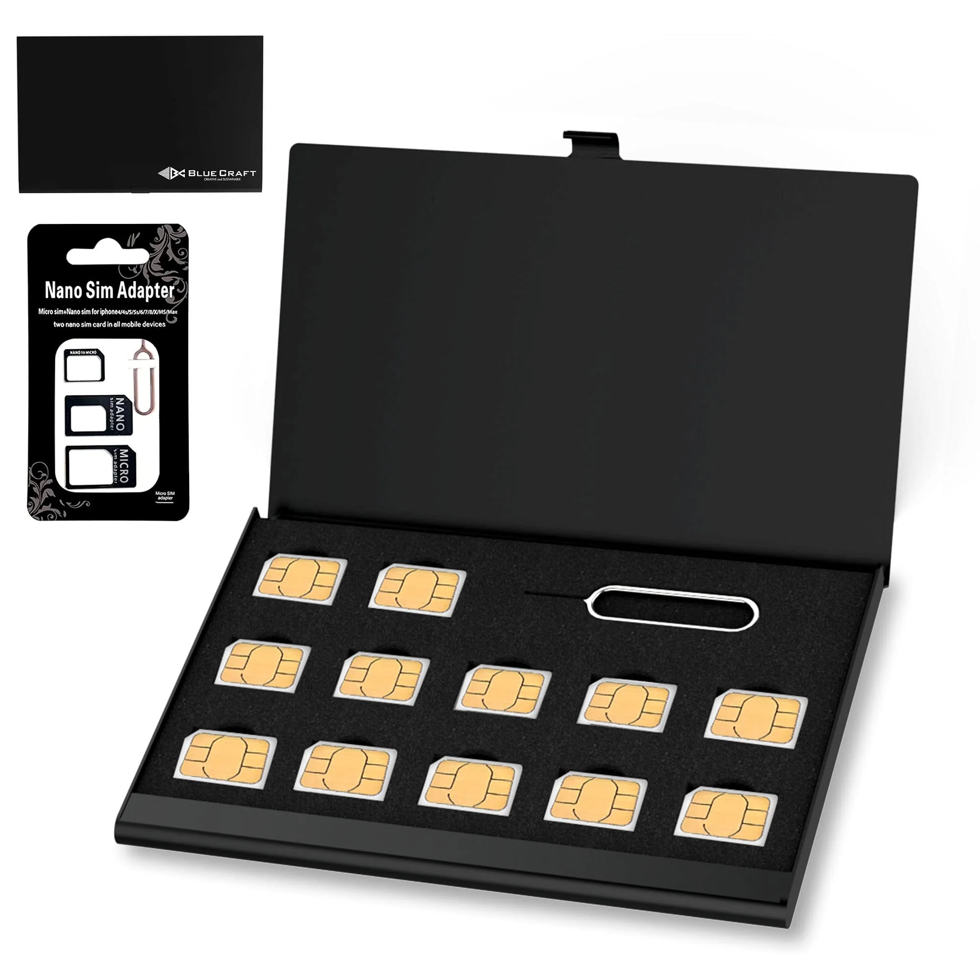 BLUECRAFT Nano SIM Card Case (Max. 12 Nano SIM Slots) Slim Aluminum Antistatic Holder with SIM Card adapters and Removal Ejector Pin Tool(Black) Black