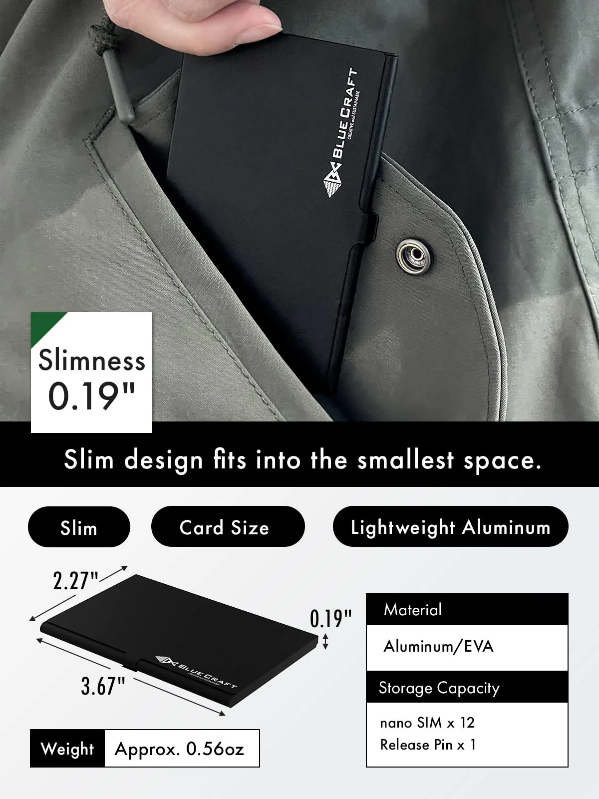 BLUECRAFT Nano SIM Card Case (Max. 12 Nano SIM Slots) Slim Aluminum Antistatic Holder with SIM Card adapters and Removal Ejector Pin Tool(Black) Black - Image 4