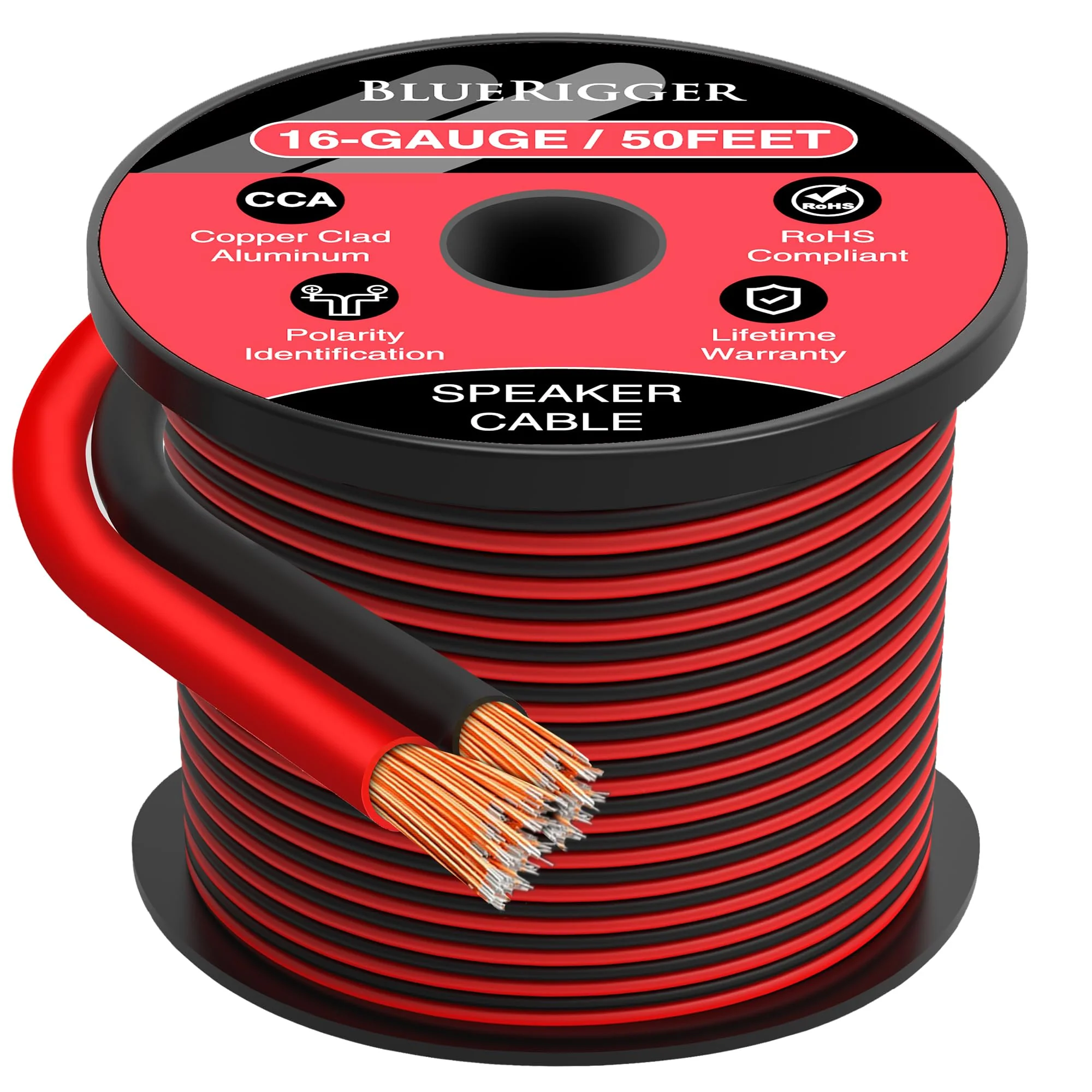 BlueRigger 16 Gauge Speaker Wire (50FT, 16 AWG, Speaker Cable, CCA, HiFi Stereo, Polarity Identification) - Car Audio Wire for Home Theater, Surround Sound Systems, Automotive Amps, Banana Plugs 50FT