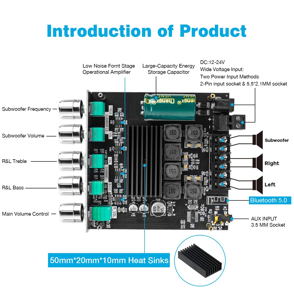 Bluetooth 5.0 50W+50W+100W 2.1 Channel Subwoofer Amplifier Board TPA3116D2 HiFi Treble and Bass Control Stereo Digital Audio Amp Board for Home Theater DIY Wireless Speakers - Image 2