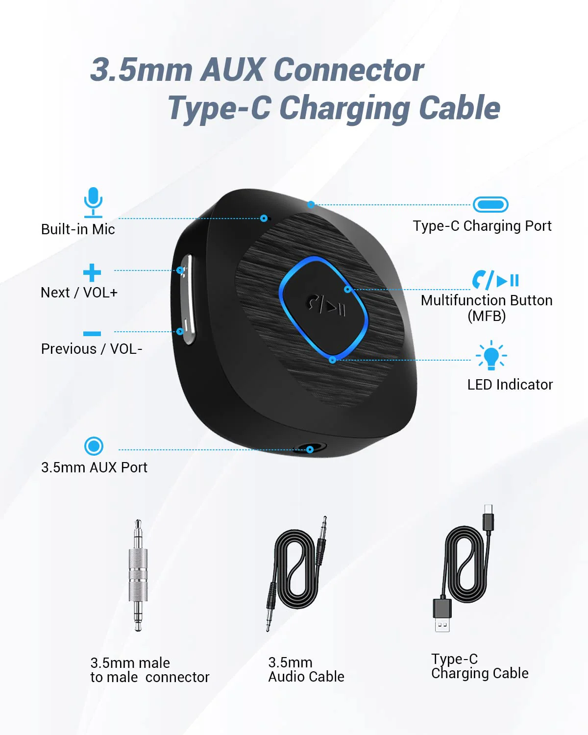 Bluetooth 5.3 Transmitter Receiver, Bluetooth AUX Adapter for Car, 2-in-1 Wireless Audio Adapter for TV/Home Stereo/Headphones/Speakers, with 3.5 mm AUX Input/Output Transceiver - Image 6