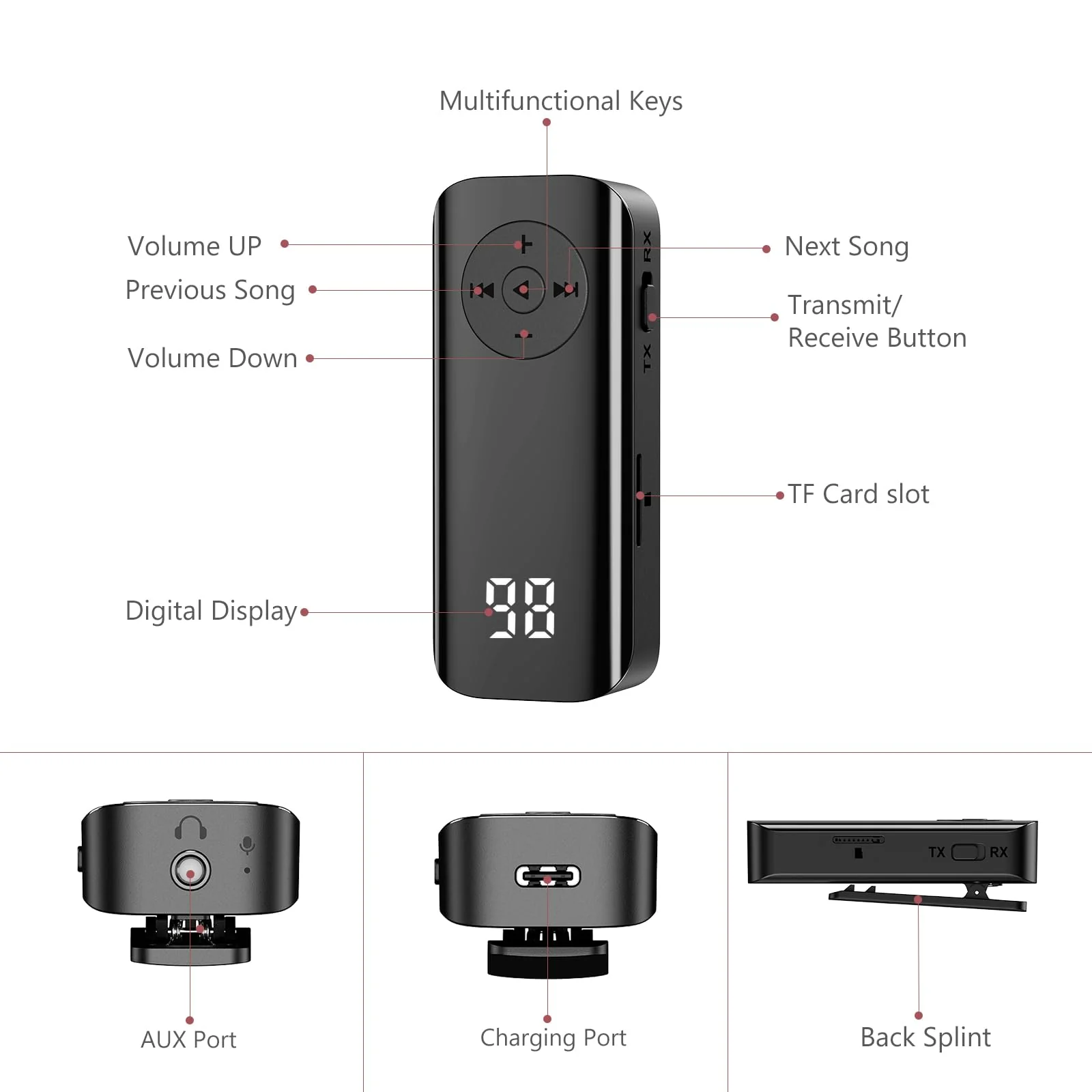 Bluetooth 5.3 Transmitter Receiver, [Upgraded] Aux Bluetooth Adapter for Car, Bluetooth Audio Receiver, Support TF Card, Hand-Free Call, Navigation, for Car Home Stereo, TV, Headphones - Image 7