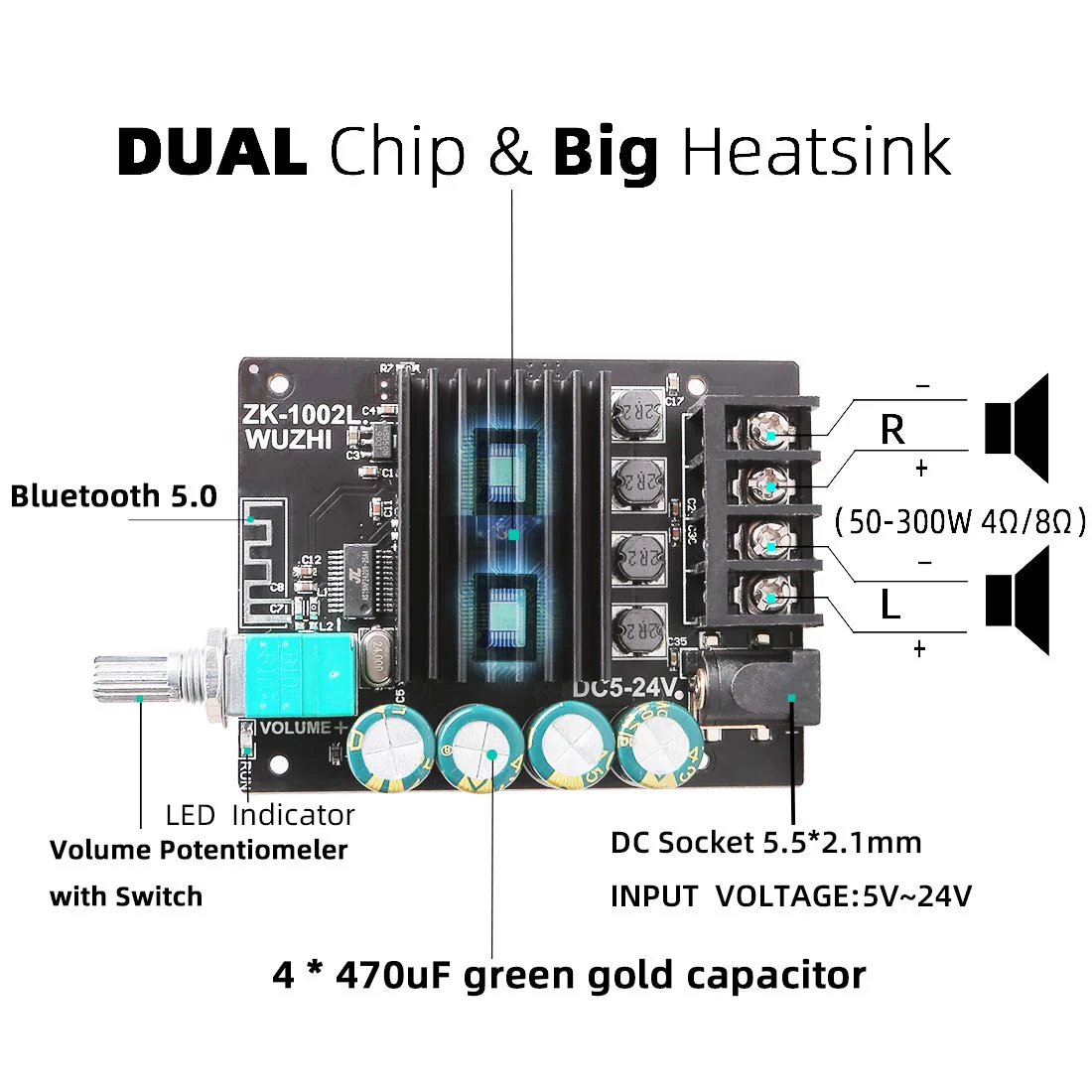 Bluetooth Amplifier Board, 100W+100W Peak Output Power, 2.0 Channel DC:8-24V, Password Free Connect, BT 5.0 AMP Board for DIY Wireless Speakers Board - Image 3