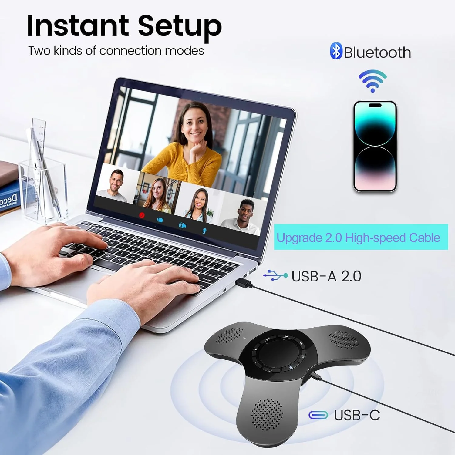 Bluetooth Conference Speaker with Microphone & Premium 360° Voice Pickup,USB-C Speakerphone Home Office for Teams/Zoom,Noise Cancelling Omnidirectional Conference Room Microphone and Speaker Black - Image 2