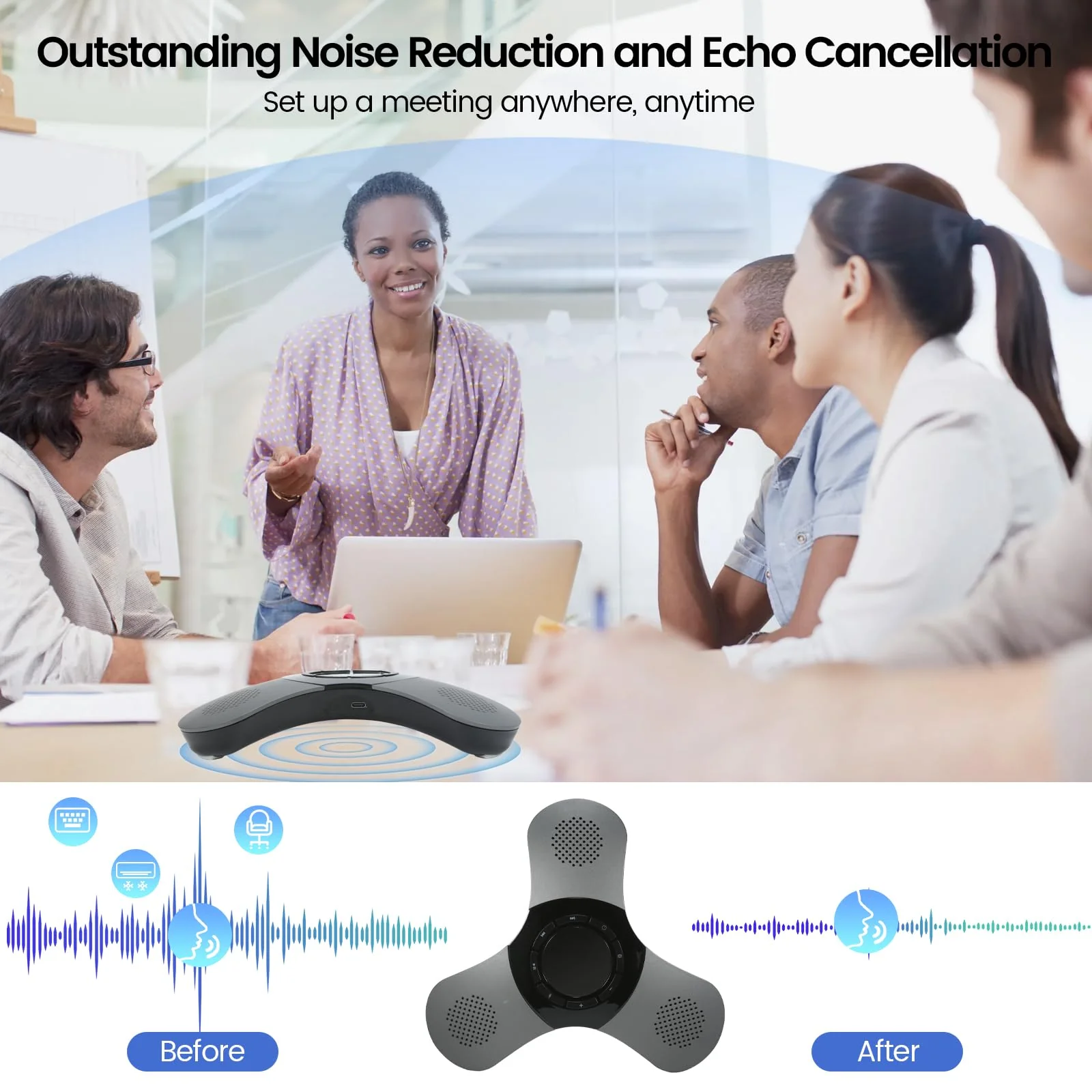 Bluetooth Conference Speaker with Microphone & Premium 360° Voice Pickup,USB-C Speakerphone Home Office for Teams/Zoom,Noise Cancelling Omnidirectional Conference Room Microphone and Speaker Black - Image 3