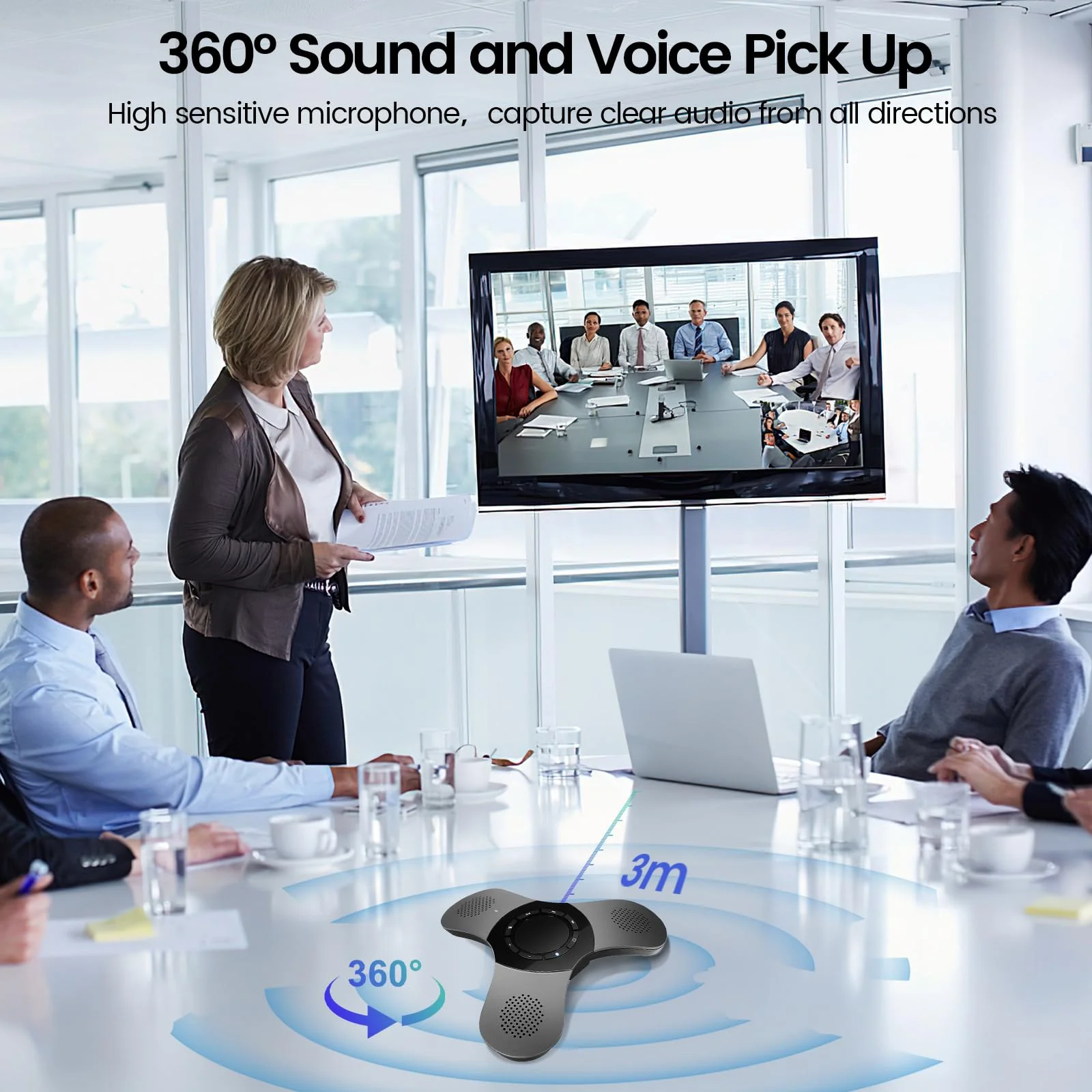 Bluetooth Conference Speaker with Microphone & Premium 360° Voice Pickup,USB-C Speakerphone Home Office for Teams/Zoom,Noise Cancelling Omnidirectional Conference Room Microphone and Speaker Black - Image 4