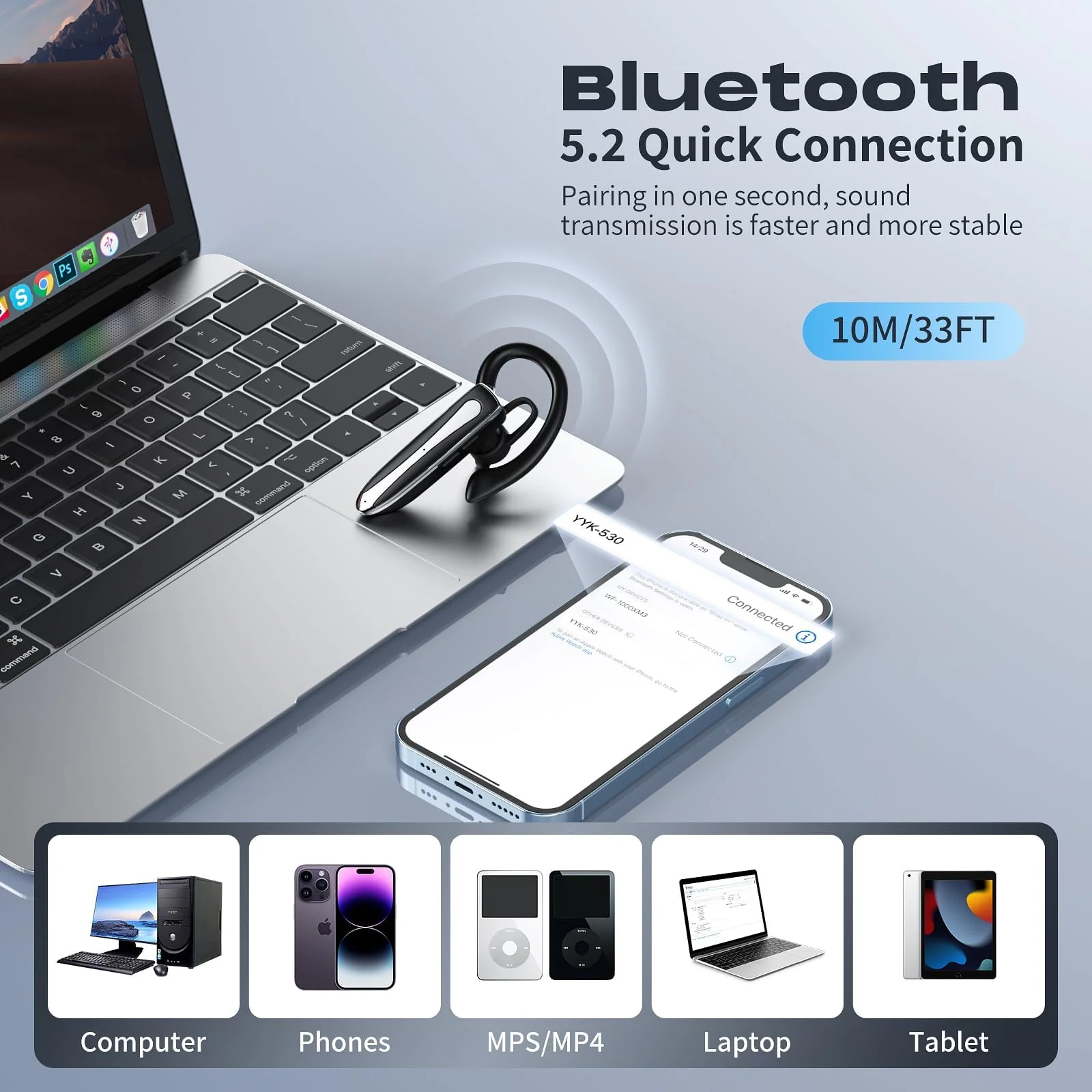 Bluetooth Earpiece for Phone Calls,Single Ear Wireless Headset with Noise Cancelling Mic,Hands-Free Earphones for Android iPhones,LED Display 500mAh Charging Case,for Driving,Business,Office YYK-530 - Image 3