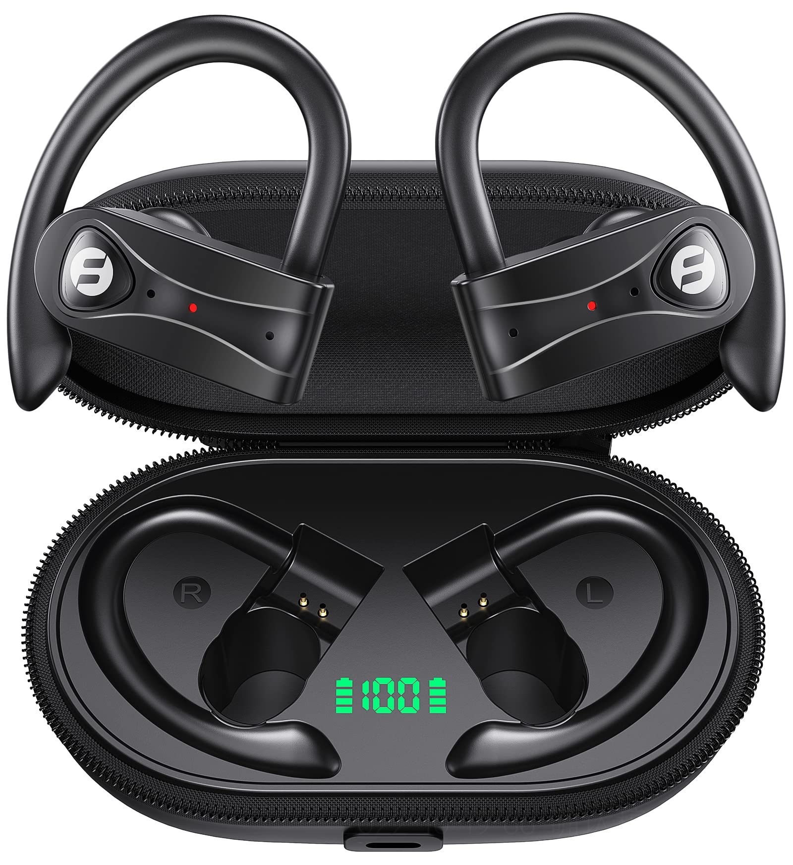 Bluetooth Headphones Noise Canceling 4 Mics Clear Call 120H Playtime Stereo Bass Sound Wireless Charging Case Over Ear Earphones LED Digital Display Headset with Earhooks for Sport Black