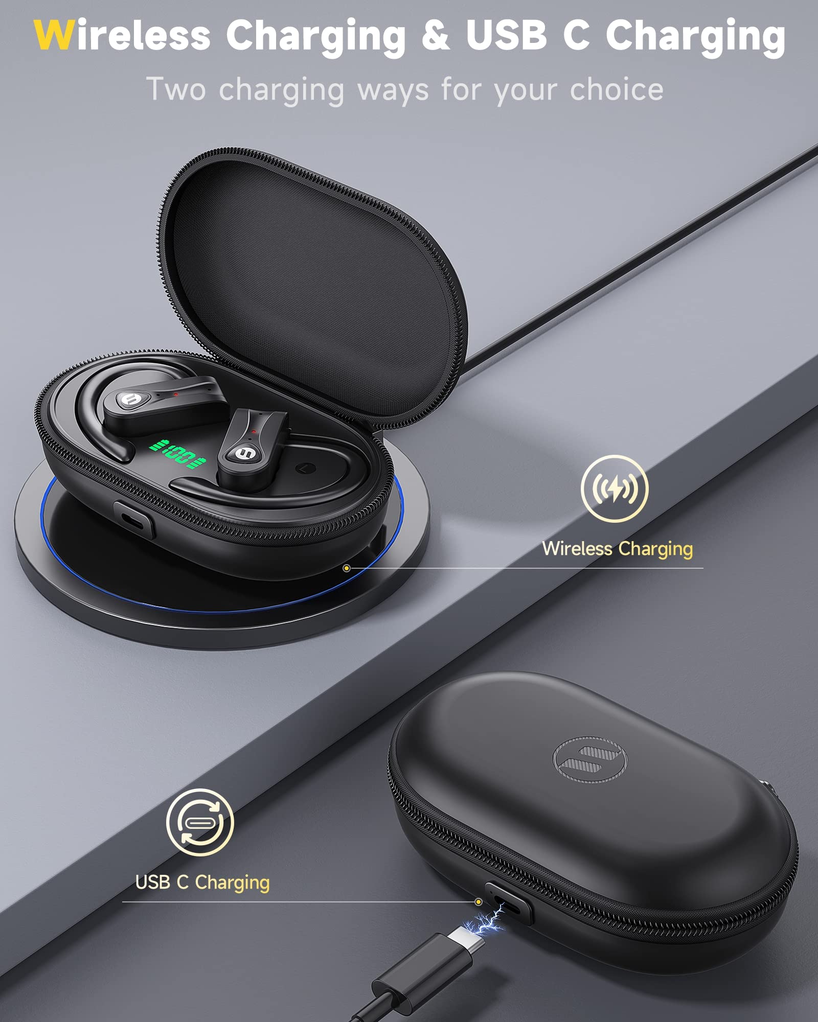 Bluetooth Headphones Noise Canceling 4 Mics Clear Call 120H Playtime Stereo Bass Sound Wireless Charging Case Over Ear Earphones LED Digital Display Headset with Earhooks for Sport Black - Image 3