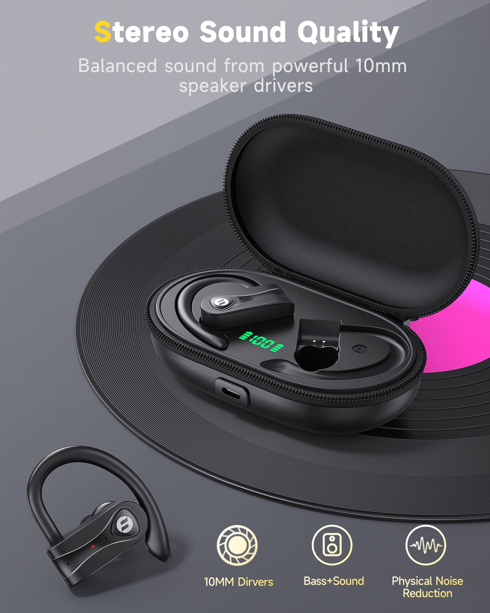 Bluetooth Headphones Noise Canceling 4 Mics Clear Call 120H Playtime Stereo Bass Sound Wireless Charging Case Over Ear Earphones LED Digital Display Headset with Earhooks for Sport Black - Image 5