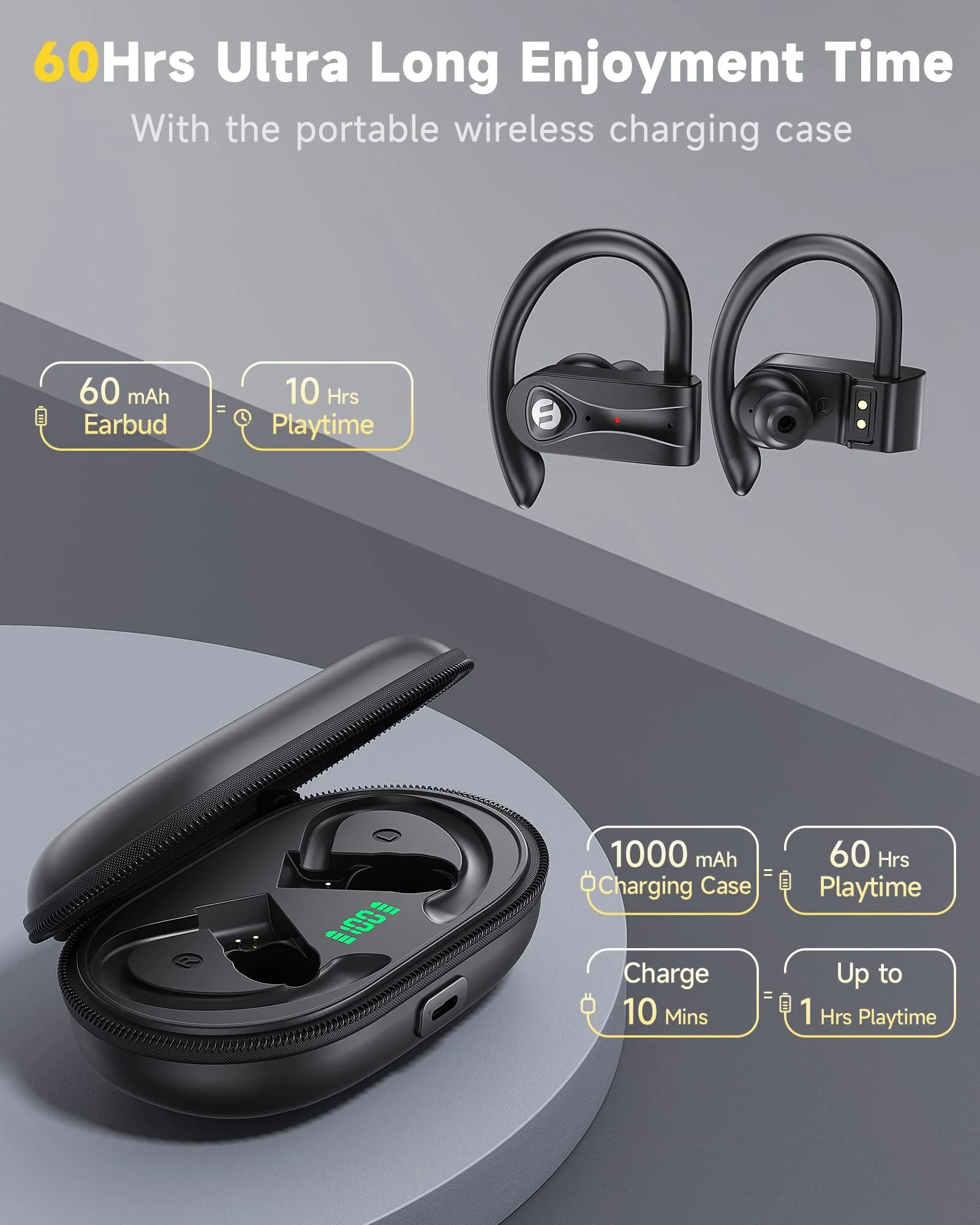 Bluetooth Headphones Noise Canceling 4 Mics Clear Call 120H Playtime Stereo Bass Sound Wireless Charging Case Over Ear Earphones LED Digital Display Headset with Earhooks for Sport Black - Image 6