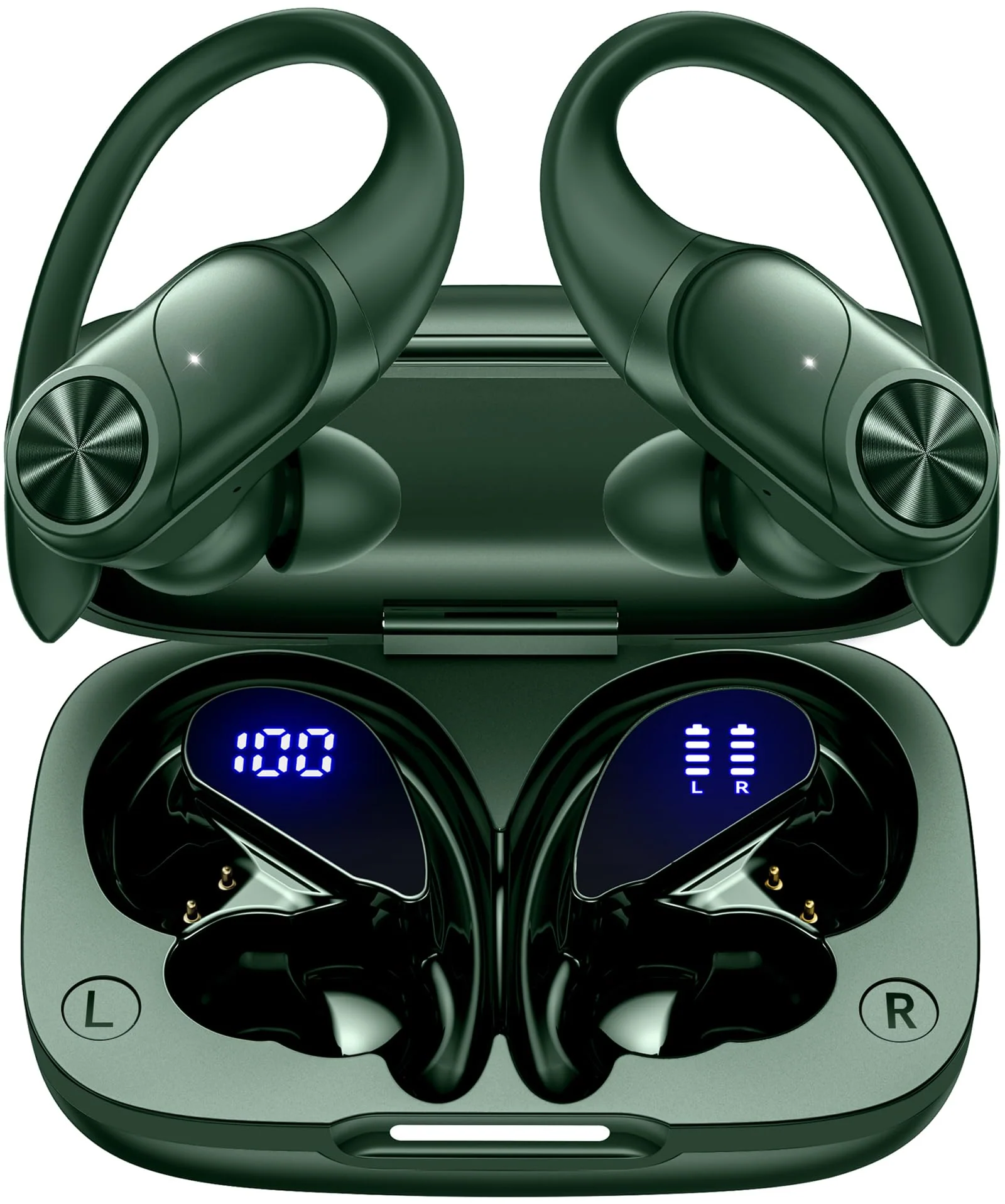 Bluetooth Headphones Wireless Earbuds 80hrs Playtime Wireless Charging Case Digital Display Sports Ear buds with Earhook Deep Bass IPX7 Waterproof Over-Ear Earphones for TV Phone Laptop Olive Medium