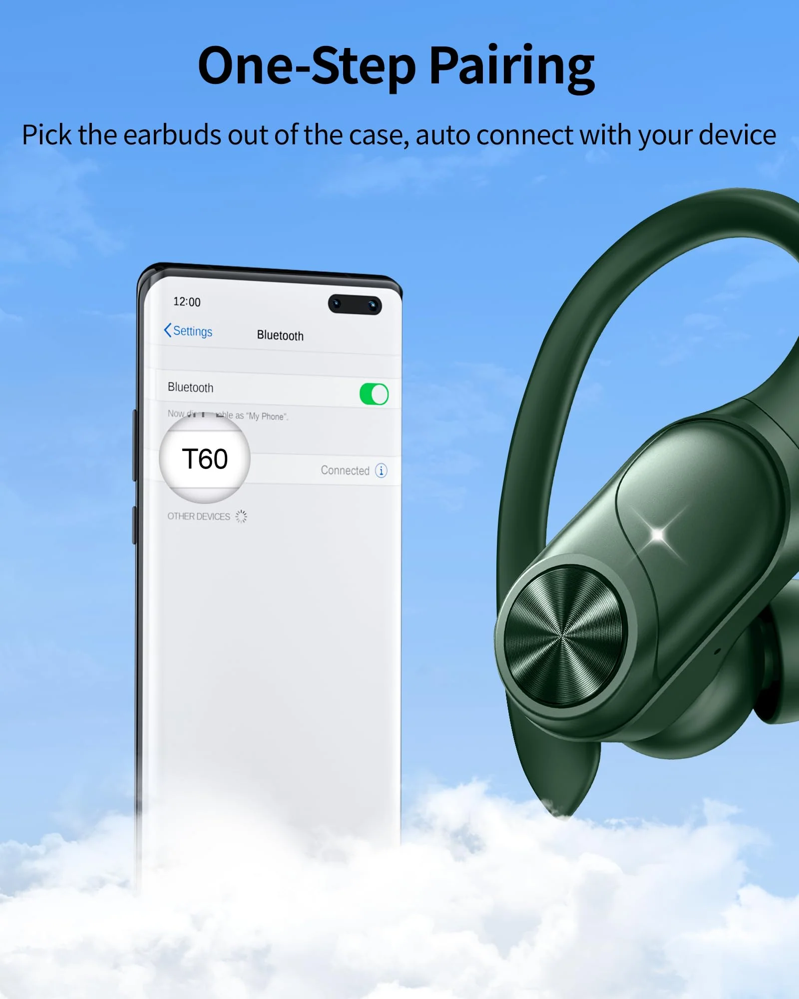 Bluetooth Headphones Wireless Earbuds 80hrs Playtime Wireless Charging Case Digital Display Sports Ear buds with Earhook Deep Bass IPX7 Waterproof Over-Ear Earphones for TV Phone Laptop Olive Medium - Image 4