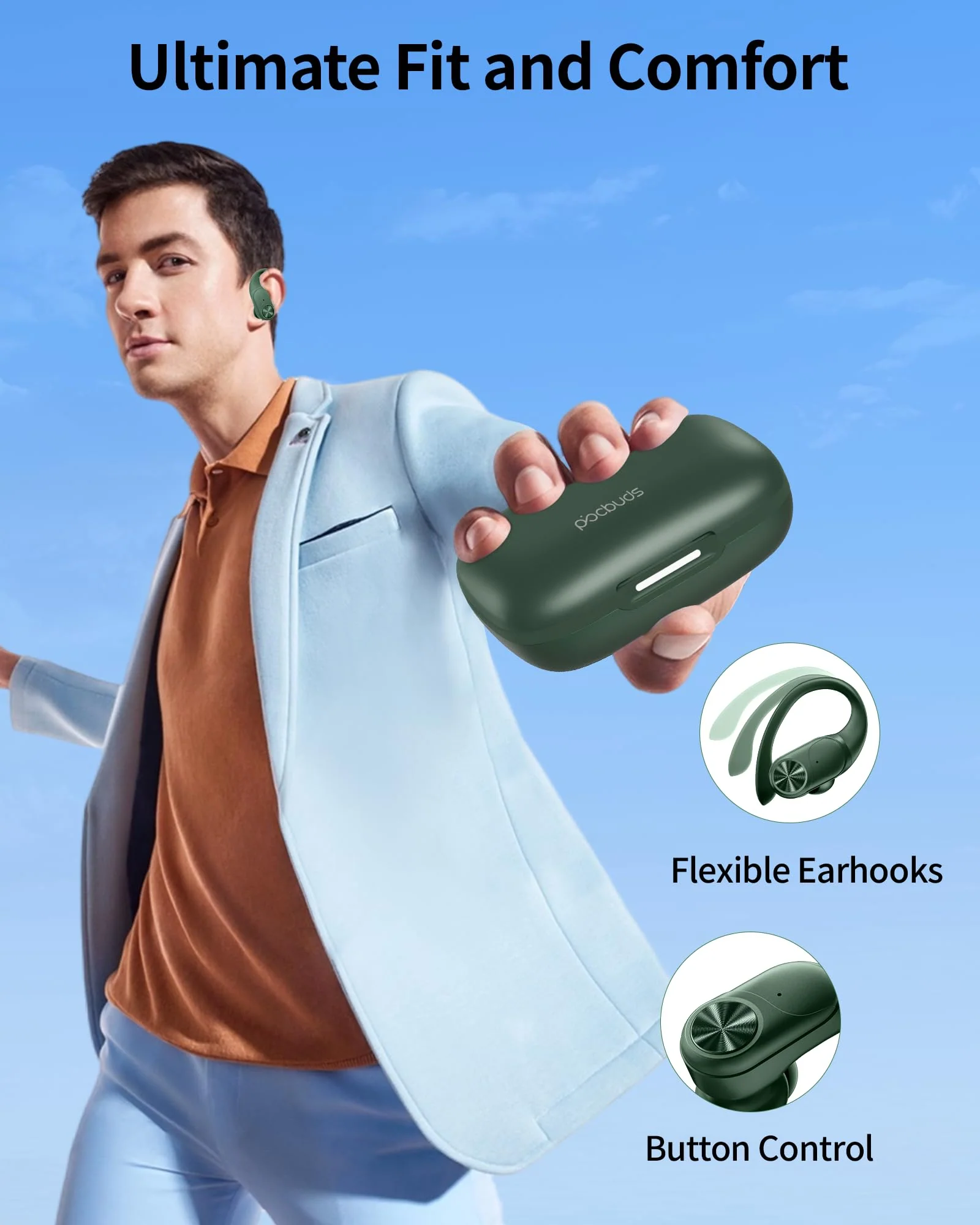 Bluetooth Headphones Wireless Earbuds 80hrs Playtime Wireless Charging Case Digital Display Sports Ear buds with Earhook Deep Bass IPX7 Waterproof Over-Ear Earphones for TV Phone Laptop Olive Medium - Image 6
