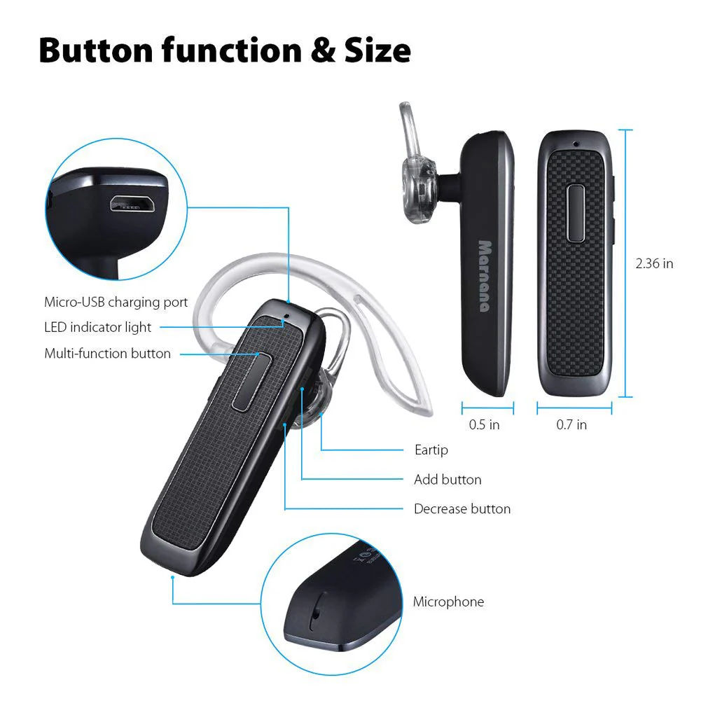 Bluetooth Headset, Marnana Wireless Bluetooth Earpiece with 18 Hours Playtime and Noise Cancelling Mic, Ultralight Earphone Hands-Free for iPhone iPad Tablet Samsung Android Cell Phone Call-Upgraded Black - Image 7