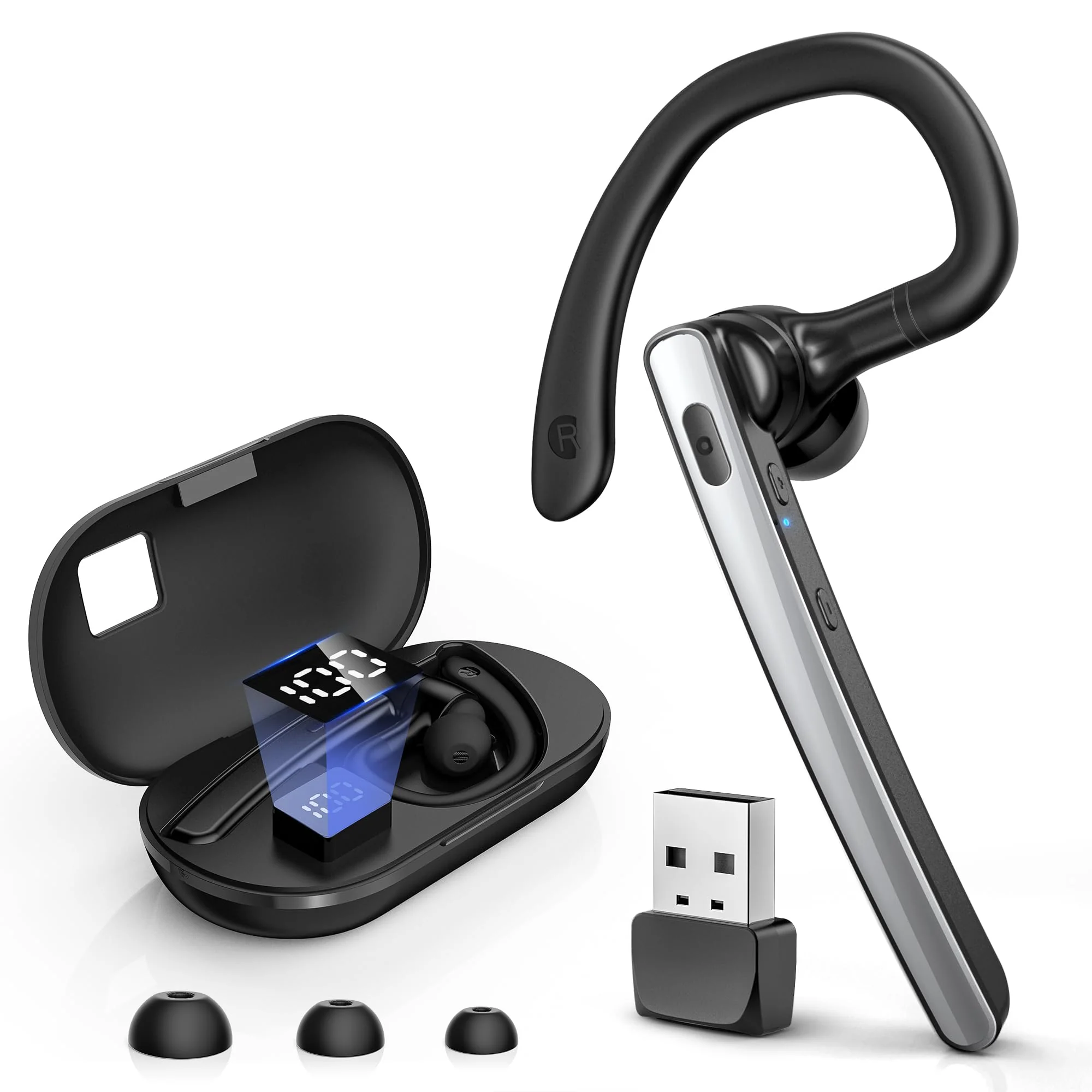 Bluetooth Headset V5.3, Wireless Bluetooth Earpiece with 600mAh Charging Case, 110H Playtime, Hands Free Headset for Cell Phone and Computer with Built-in Microphone for Work Trucker Office Silver