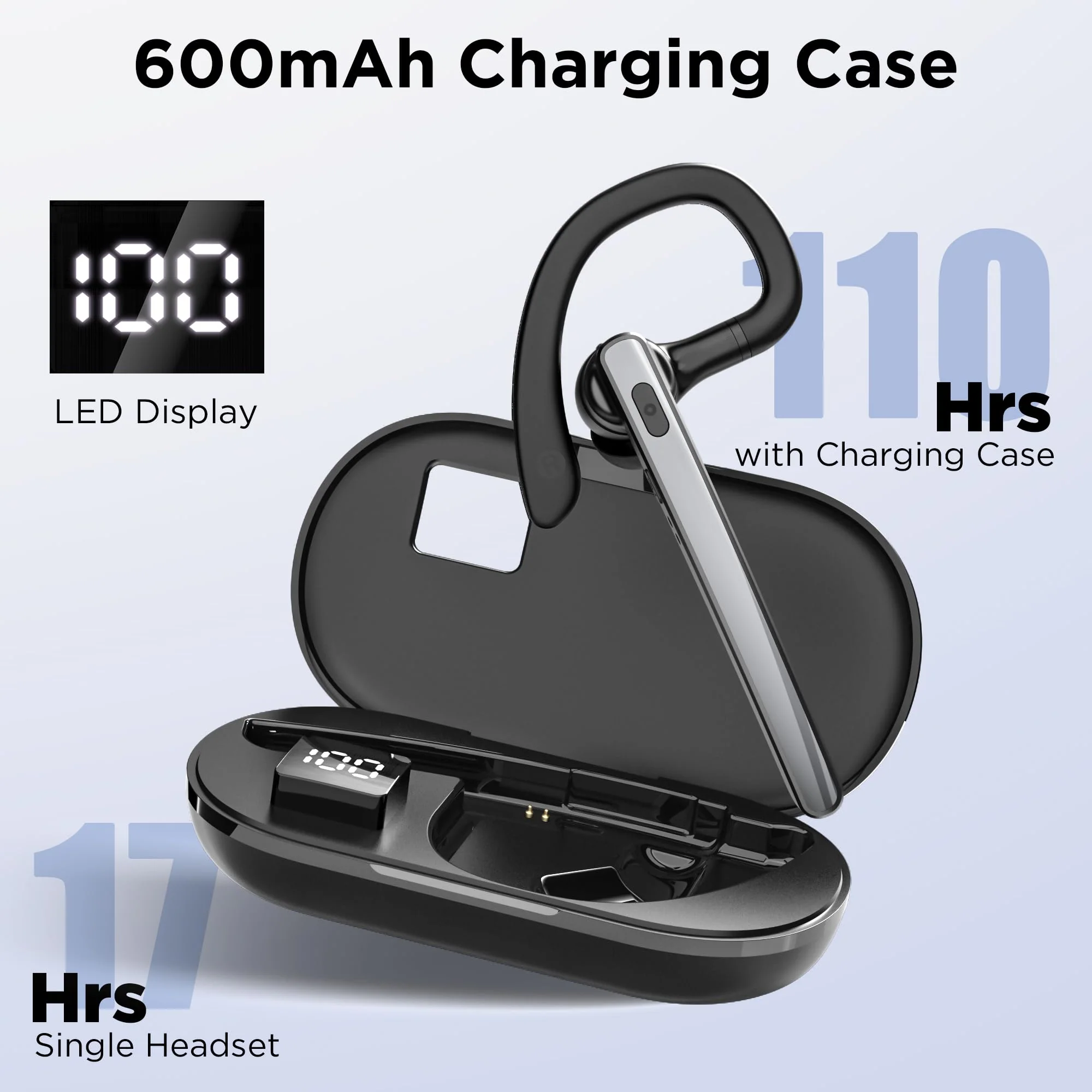 Bluetooth Headset V5.3, Wireless Bluetooth Earpiece with 600mAh Charging Case, 110H Playtime, Hands Free Headset for Cell Phone and Computer with Built-in Microphone for Work Trucker Office Silver - Image 2