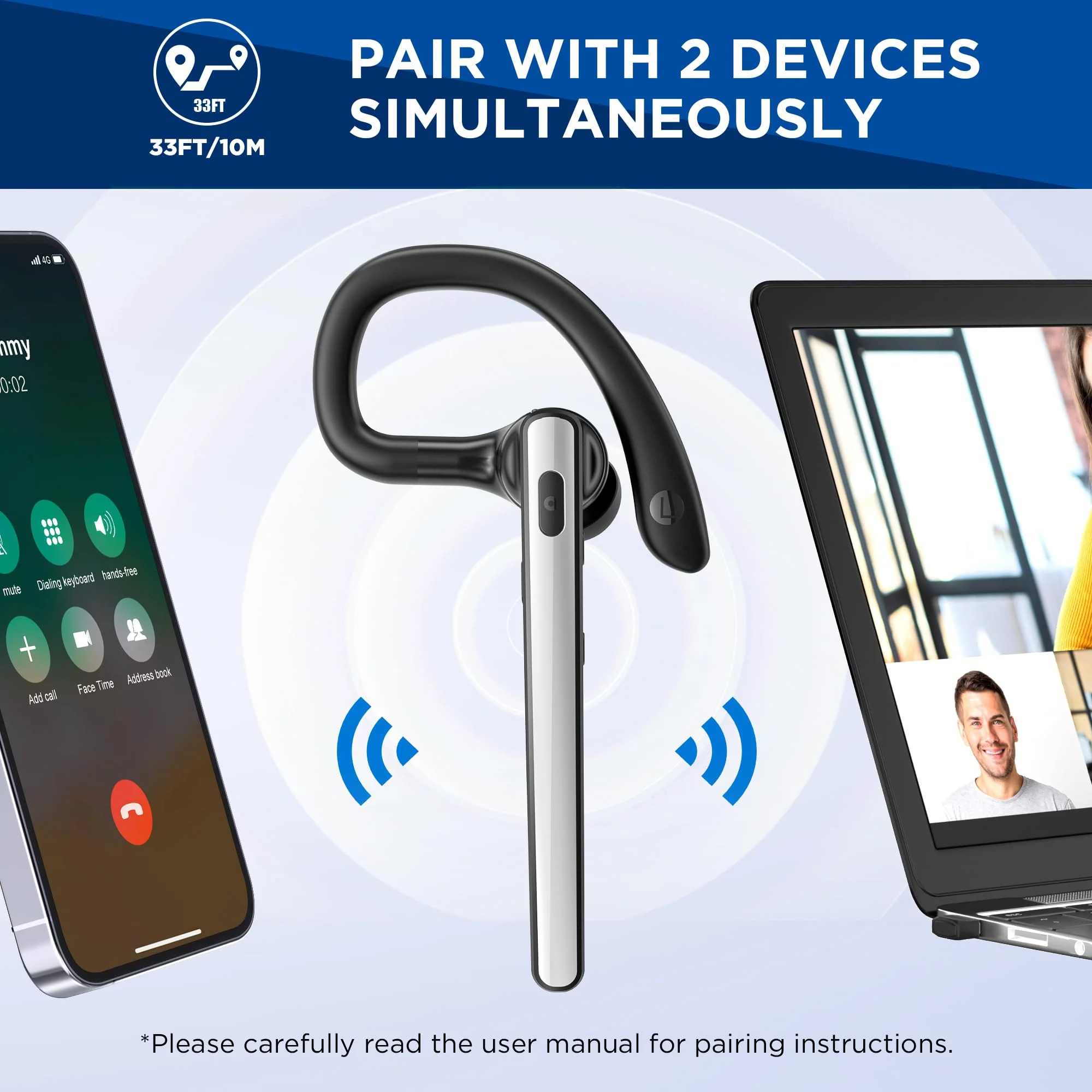Bluetooth Headset V5.3, Wireless Bluetooth Earpiece with 600mAh Charging Case, 110H Playtime, Hands Free Headset for Cell Phone and Computer with Built-in Microphone for Work Trucker Office Silver - Image 3
