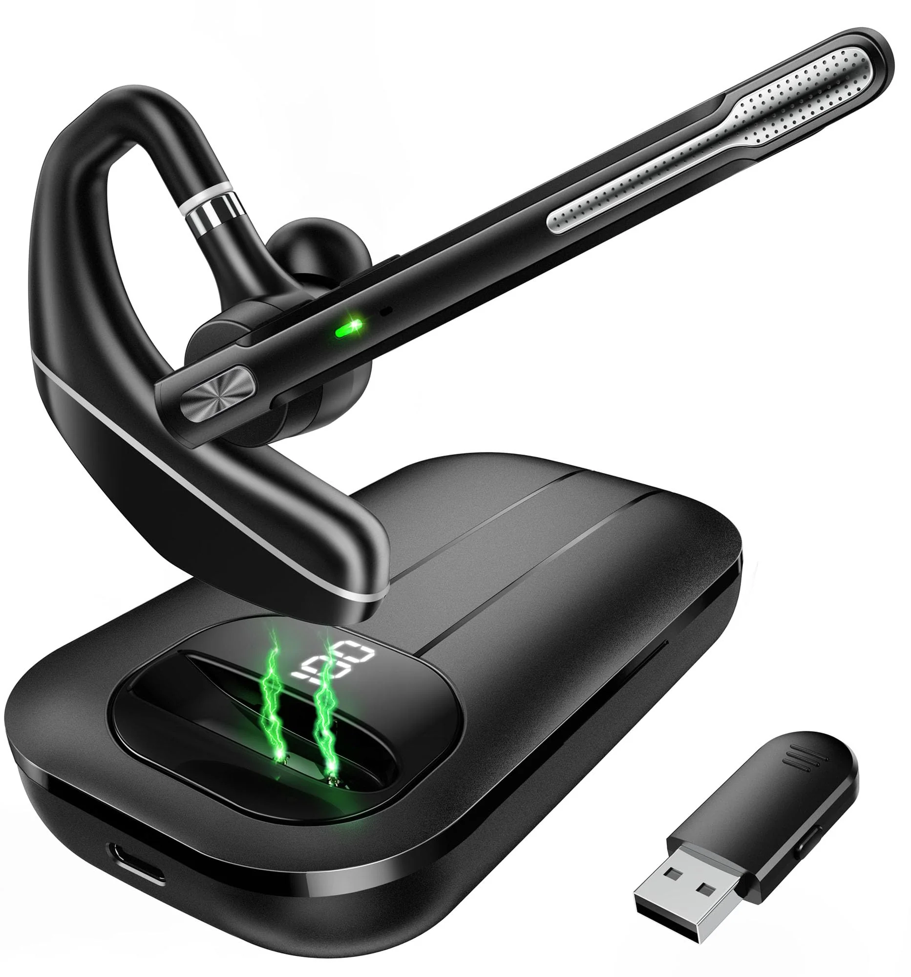 Bluetooth Headset V5.3, Wireless Earpiece with 1000mAh Charging Case, 96H Talktime, Hands Free Noise Canceling Headphones with Dual-Mic for Computer Cell Phones Trucker Home Office Work