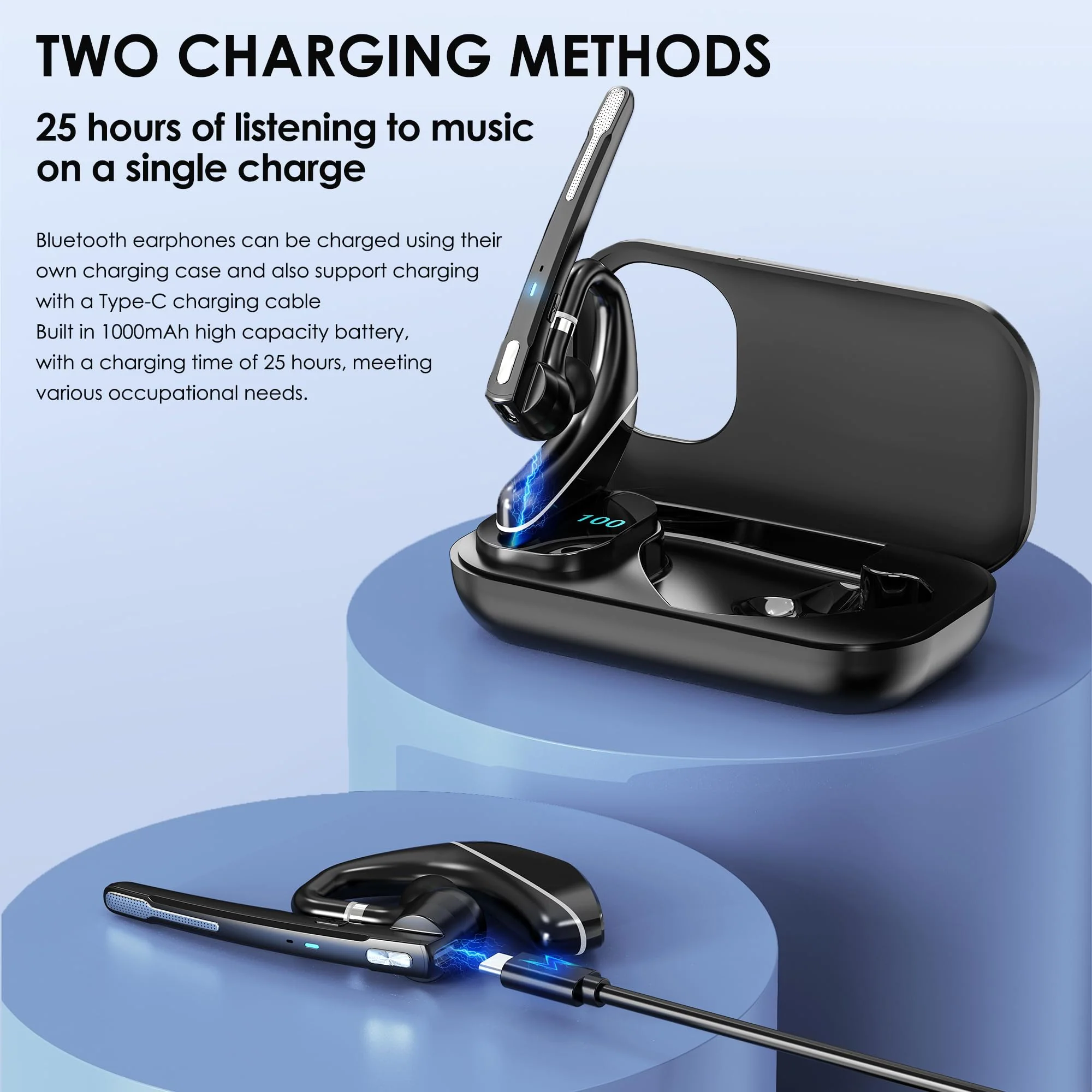 Bluetooth Headset V5.3, Wireless Earpiece with 1000mAh Charging Case, 96H Talktime, Hands Free Noise Canceling Headphones with Dual-Mic for Computer Cell Phones Trucker Home Office Work - Image 3