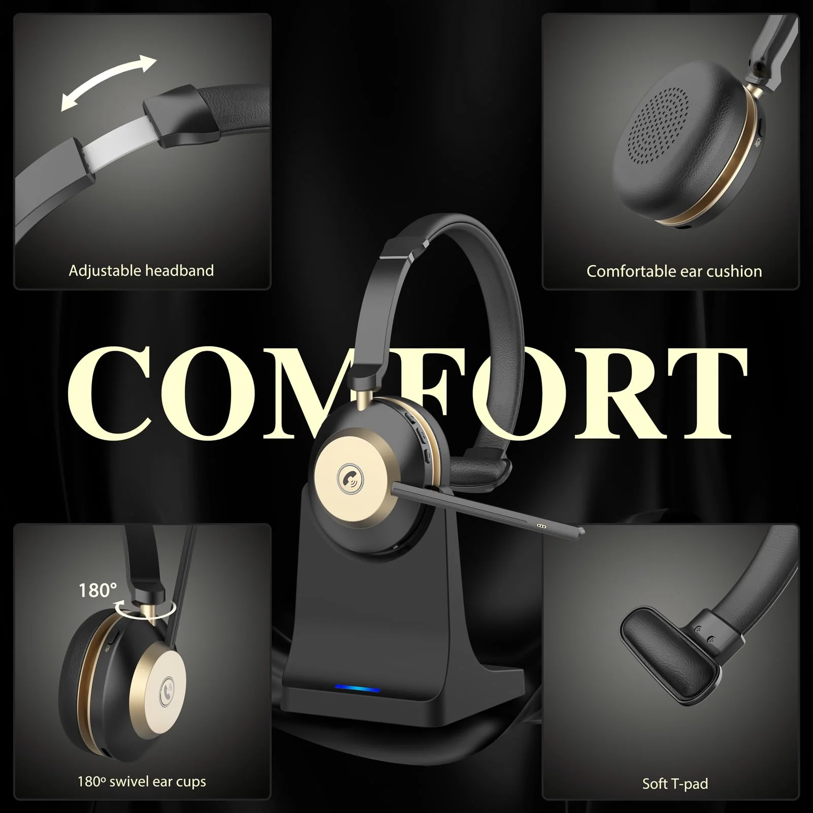 Bluetooth Headset, V5.3 Wireless Headset with Mic for Work, 45Hrs Computer Headset with Microphone, Noise Cancelling Mic, Charging Base, USB Dongle & Mute Button for PC, Skype, Zoom - Image 6