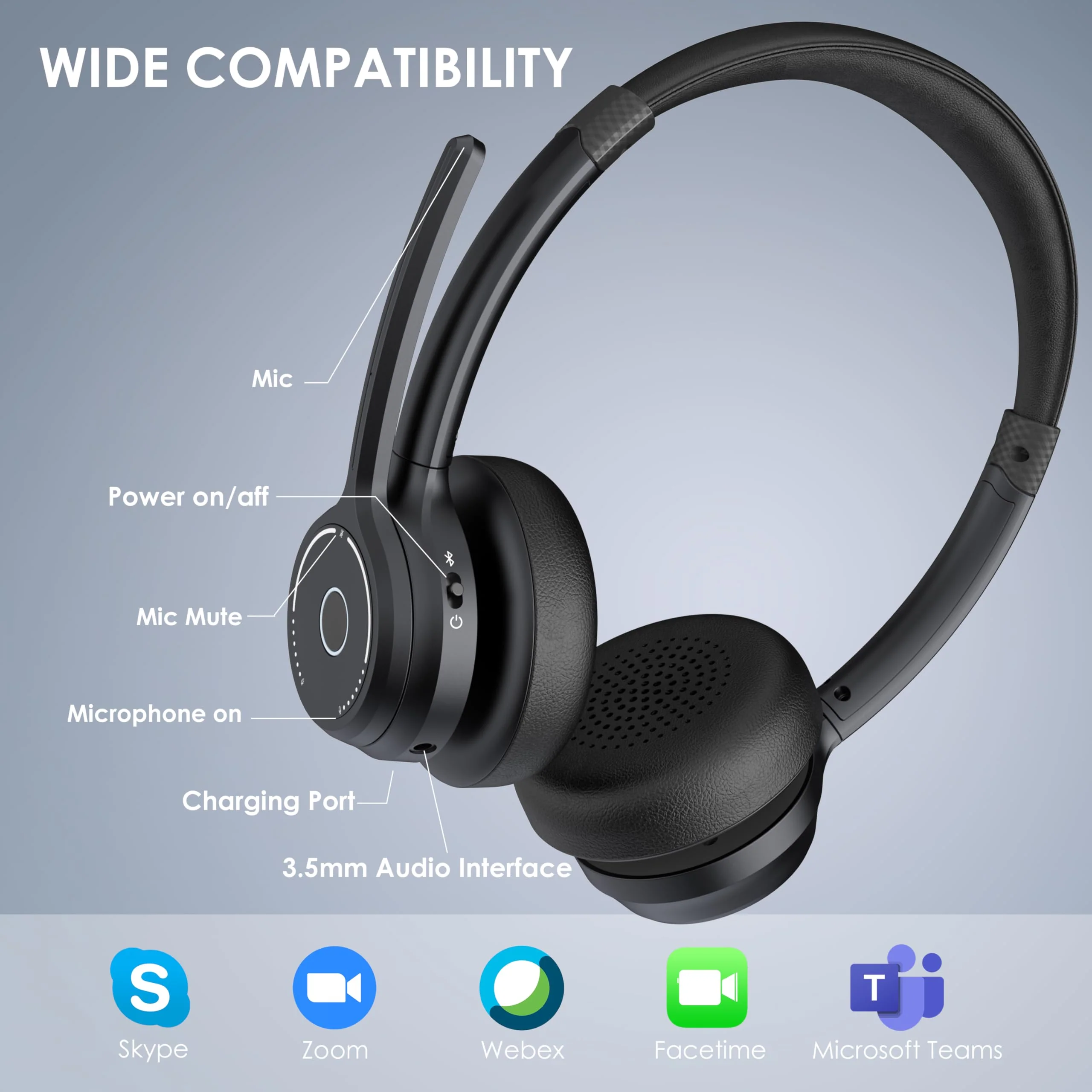 Bluetooth Headset, Wireless Headset with Noise Cancelling Microphone for Work, On Ear Headphones with USB Dongle and Mute Mic for Computer, Office Headset for Work, Call Center - Image 6