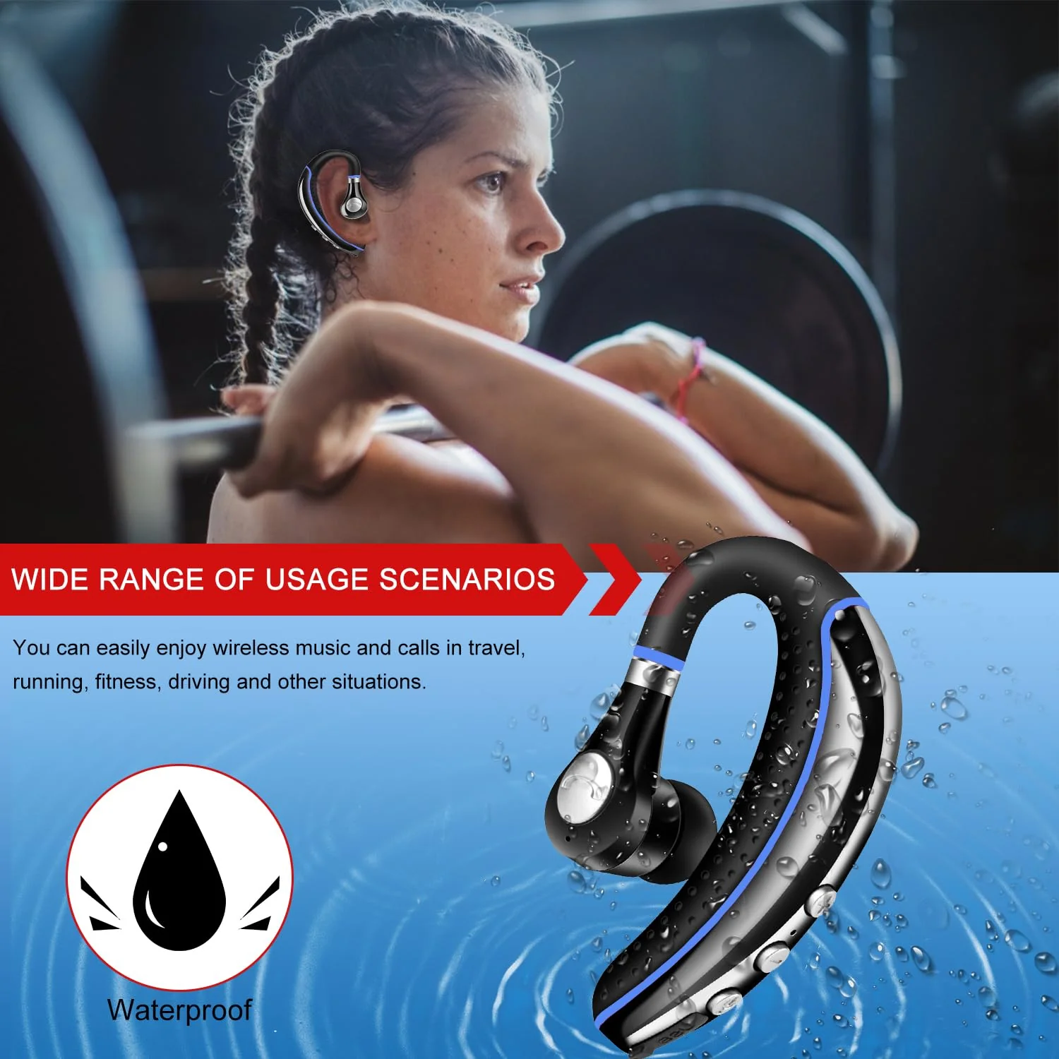 Bluetooth Headset,Wireless V5.0 Business Bluetooth Earpiece in Ear Lightweight Sweatproof Earphones with Mic Work for Cell Phones for Office/Workout/Driving Blue - Image 2
