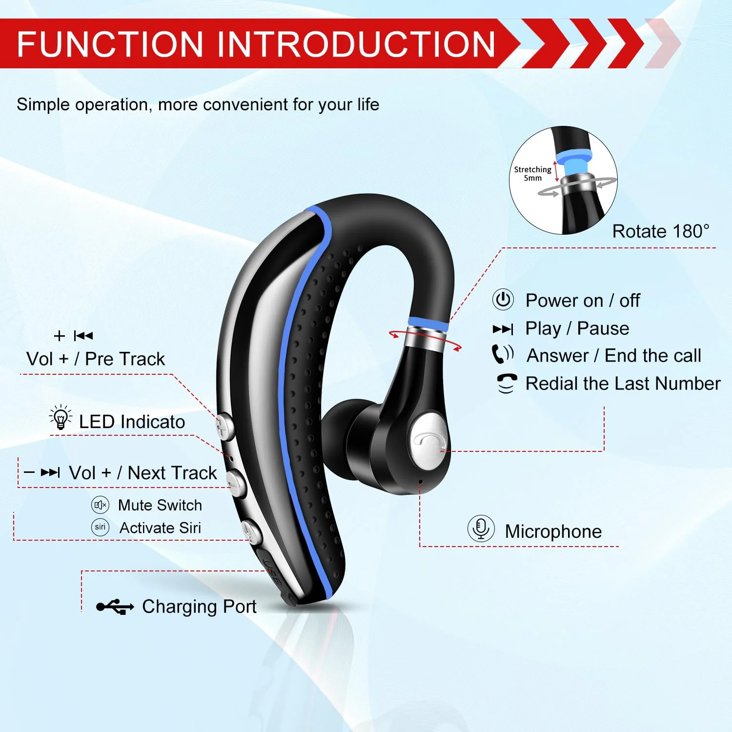 Bluetooth Headset,Wireless V5.0 Business Bluetooth Earpiece in Ear Lightweight Sweatproof Earphones with Mic Work for Cell Phones for Office/Workout/Driving Blue - Image 3