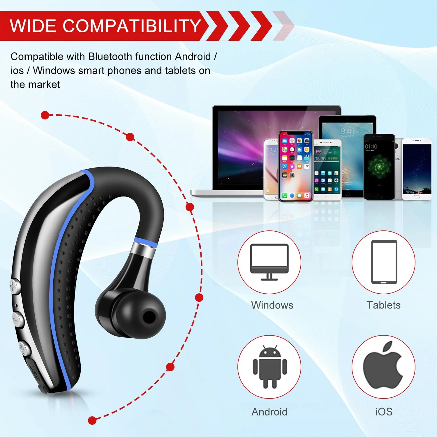 Bluetooth Headset,Wireless V5.0 Business Bluetooth Earpiece in Ear Lightweight Sweatproof Earphones with Mic Work for Cell Phones for Office/Workout/Driving Blue - Image 4