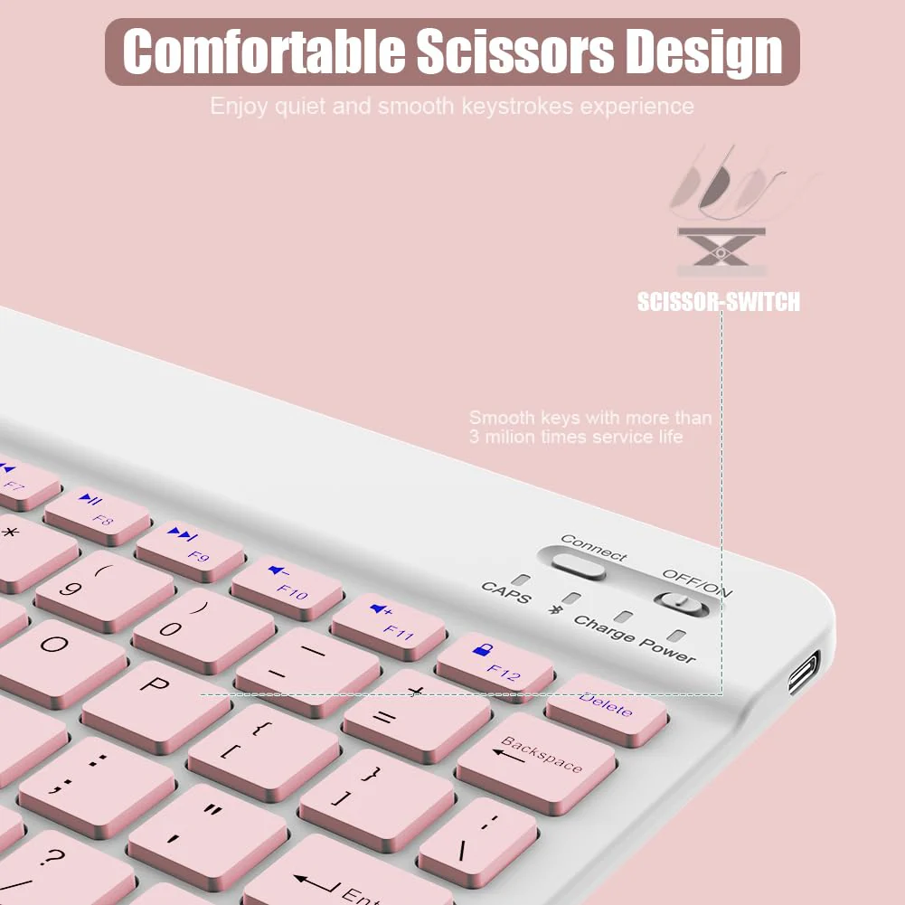 Bluetooth Keyboard for iPad 10th Generation, iPad Pro 13/12/11/10/9/8/7 inch, iPad Air 13/11th Gen, iPad Mini, Samsung Xiaomi Tablets, etc. - Slim Wireless Portable Travel Office Computer Accessories Pink - Image 3