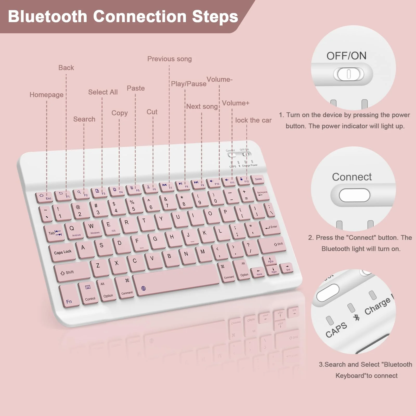 Bluetooth Keyboard for iPad 10th Generation, iPad Pro 13/12/11/10/9/8/7 inch, iPad Air 13/11th Gen, iPad Mini, Samsung Xiaomi Tablets, etc. - Slim Wireless Portable Travel Office Computer Accessories Pink - Image 5