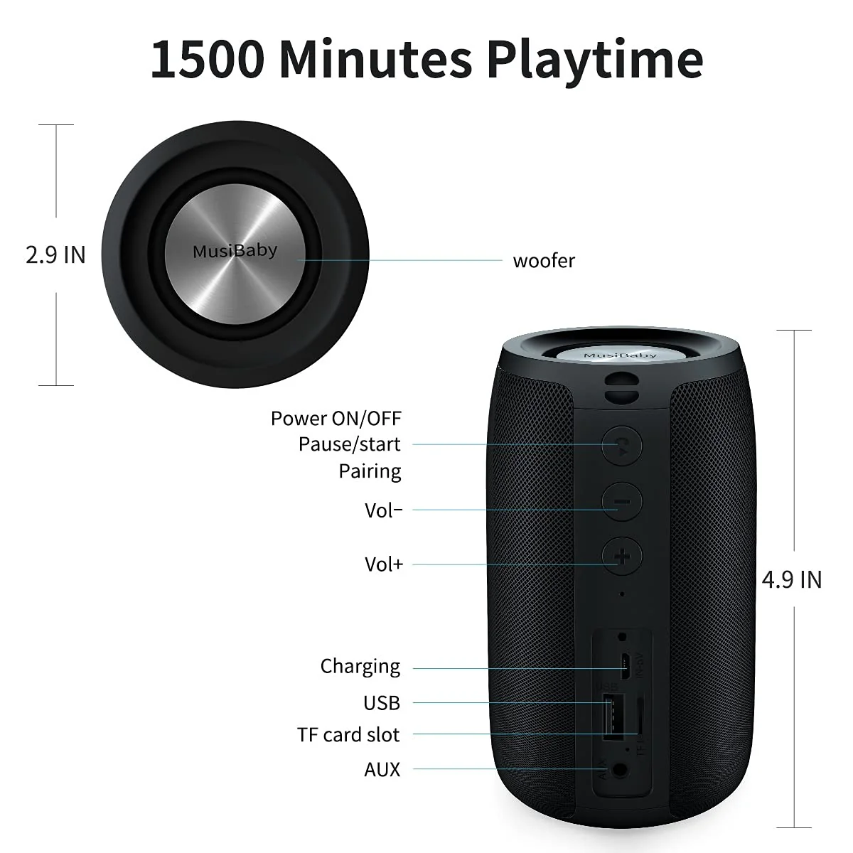 Bluetooth Speaker,MusiBaby Speaker,Outdoor, Portable,Waterproof,Wireless Speakers,Dual Pairing, Bluetooth 5.0,Loud Stereo,Booming Bass,1500 Mins Playtime for Home&Party Black - Image 3
