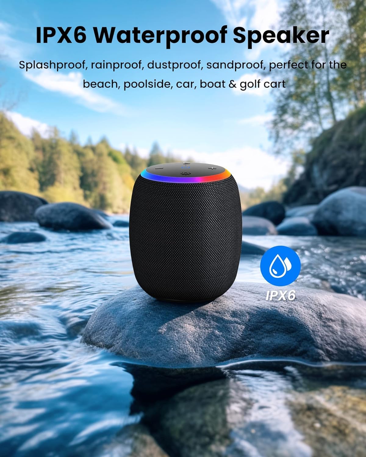 Bluetooth Speakers,Portable Wireless Speaker with 15W Stereo Sound, IPX6 Waterproof Speaker with LED Light, Bluetooth TWS, Portable Speaker for Shower Outdoor Party Beach Camping 1PCS-Black - Image 2