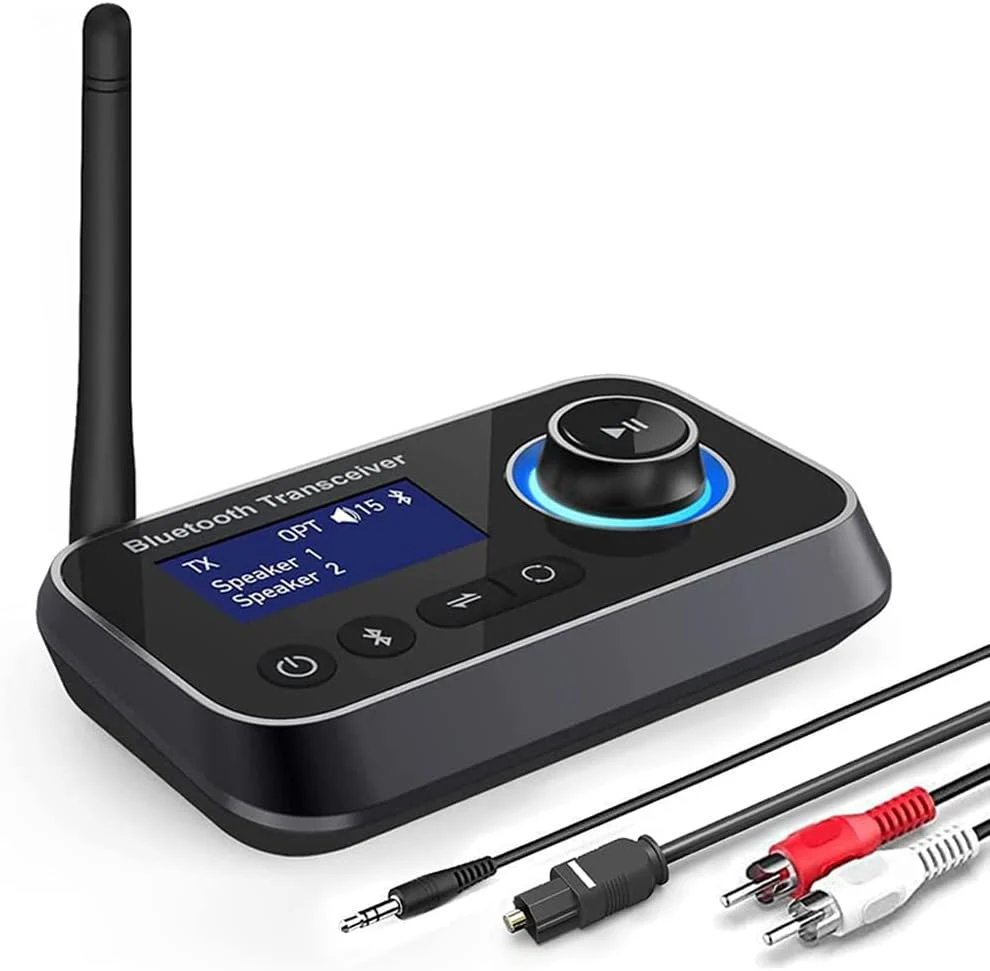 Bluetooth Transmitter Receiver 3-in-1 Bluetooth 5.0 Audio Adapter for 2 Headphones with Bypass Volume Control ON/Off Switch LCD Display 3.5mm Aux/Optical/RCA for Home Stereo TV Speaker PC All Black