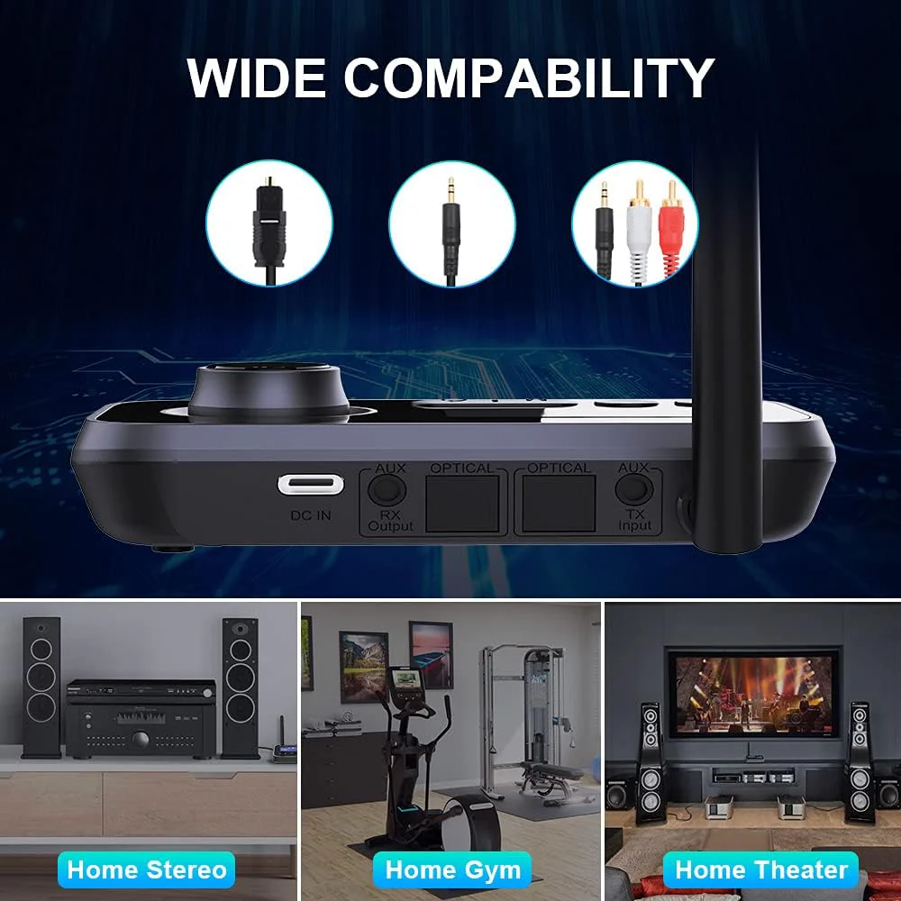Bluetooth Transmitter Receiver 3-in-1 Bluetooth 5.0 Audio Adapter for 2 Headphones with Bypass Volume Control ON/Off Switch LCD Display 3.5mm Aux/Optical/RCA for Home Stereo TV Speaker PC All Black - Image 2