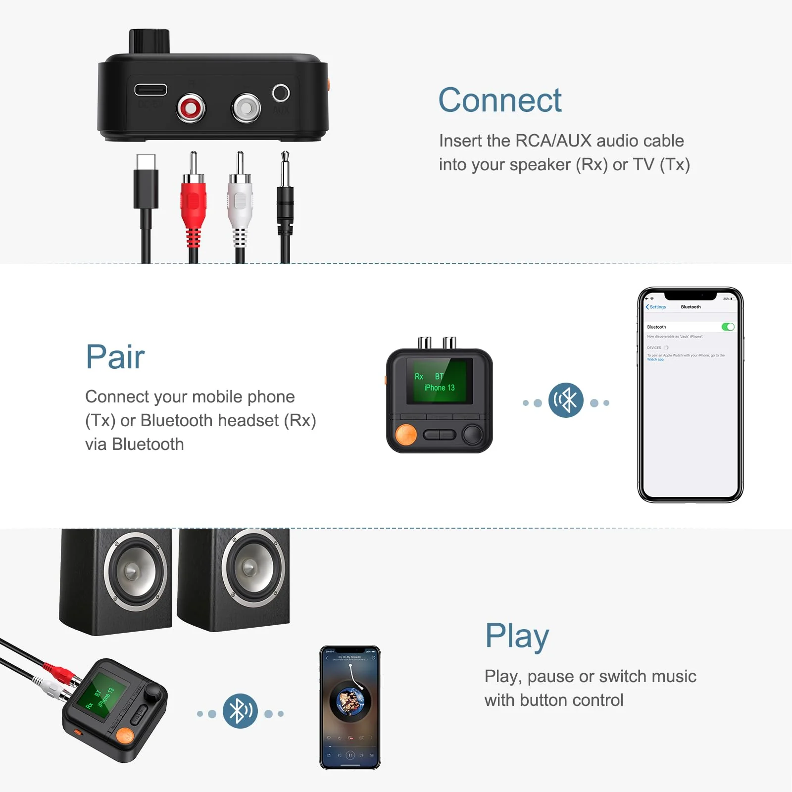Bluetooth Transmitter Receiver, Bluetooth 5.2 Audio Adapter for Home Stereo, Wireless Audio Adapter with Display or Headphones, Home Theater, TV, Car Black - Image 6
