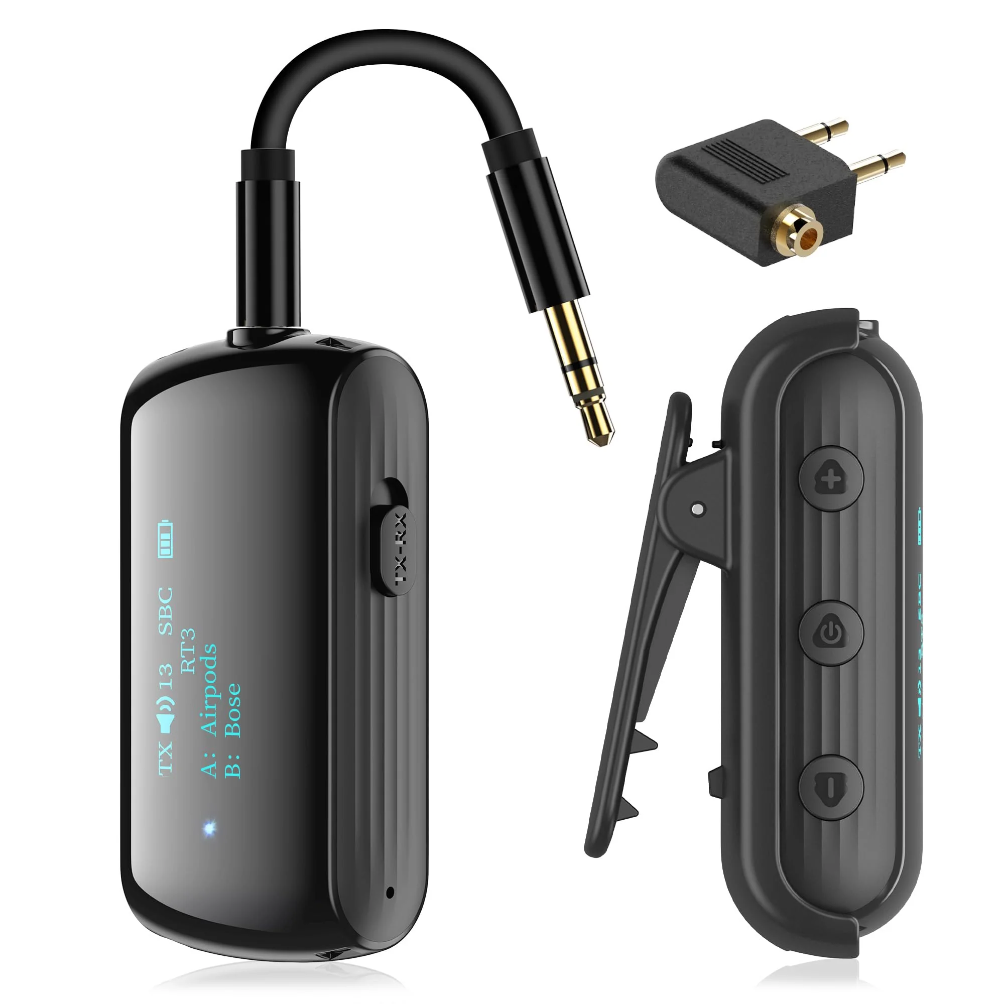 Bluetooth Transmitter Receiver for 2 AirPods/Headphones, Flight Bluetooth 5.2 Adapter for Airplane, TV, Gym and PC with a 3.5mm Audio Jack, Wireless BT Receiver with Mic for Car/Home Stereo Black
