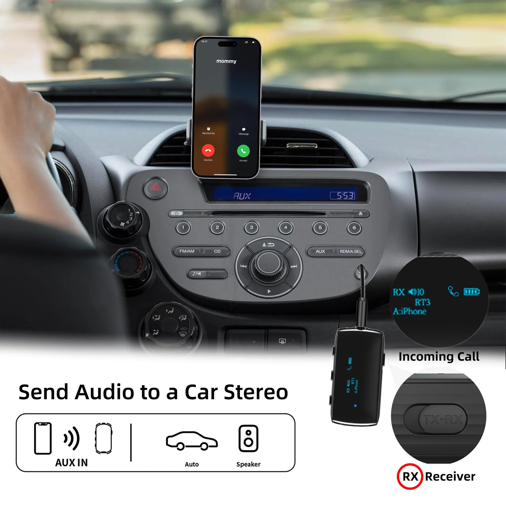 Bluetooth Transmitter Receiver for 2 AirPods/Headphones, Flight Bluetooth 5.2 Adapter for Airplane, TV, Gym and PC with a 3.5mm Audio Jack, Wireless BT Receiver with Mic for Car/Home Stereo Black - Image 6