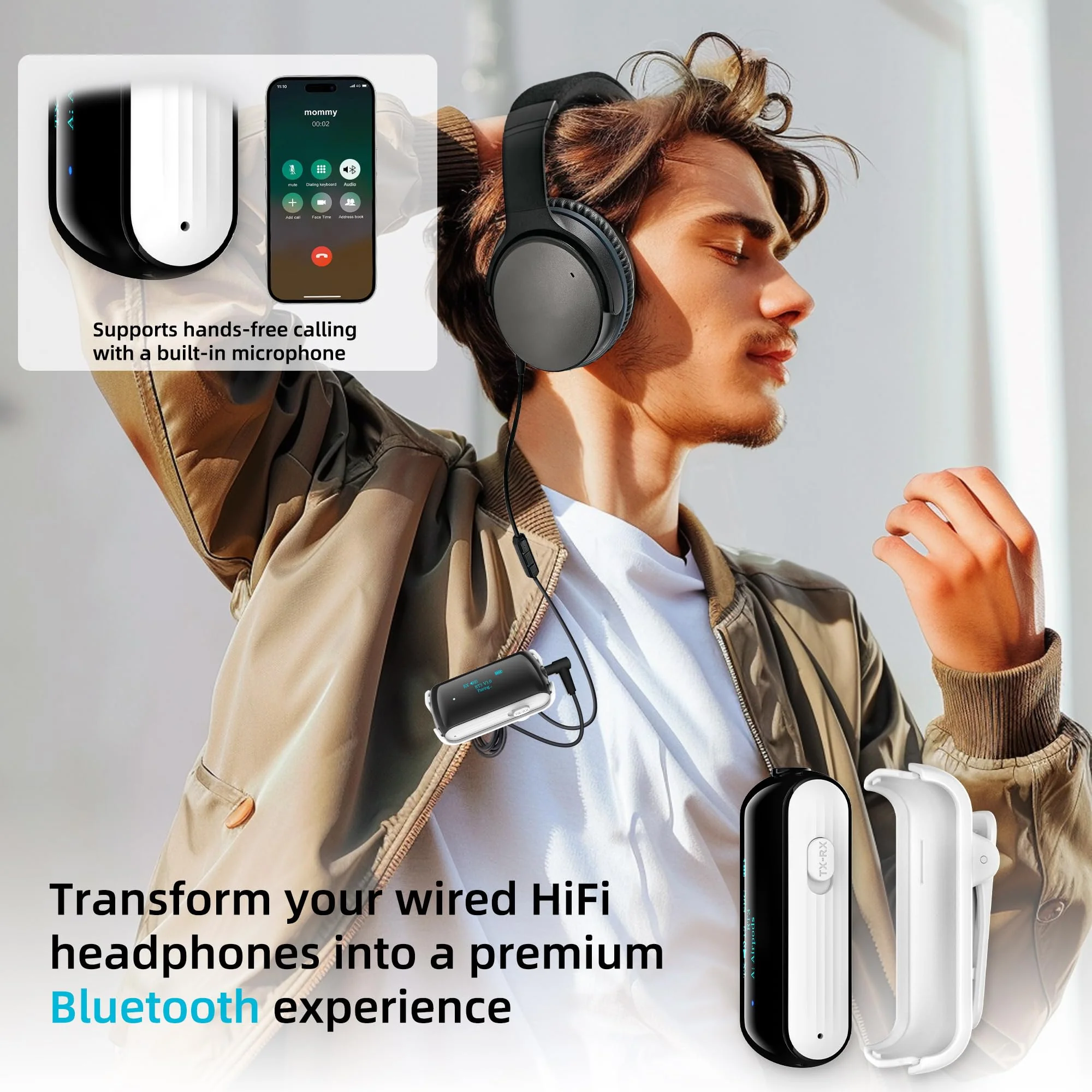 Bluetooth Transmitter Receiver for 2 AirPods/Headphones, Flight Bluetooth 5.2 Adapter for Airplane, TV, Gym and PC with a 3.5mm Audio Jack, Wireless BT Receiver with Mic for Car/Home Stereo White - Image 4