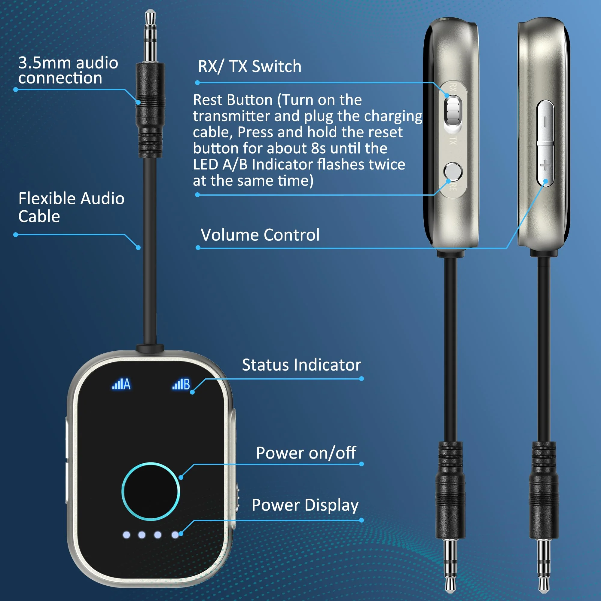 Bluetooth Transmitter Receiver for TV, 2-in-1 Bluetooth 5.3 Adapter for Airplane, Gym Equipment, Cars, for up to Two Wireless Headphones, Cell Phones. - Image 2