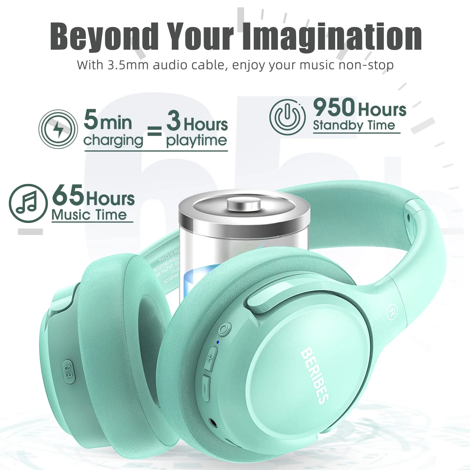 Bluetooth Wireless Headphones Over Ear,BERIBES 65H Playtime and 6 EQ Music Modes with Microphone,HiFi Stereo Foldable Lightweight Headset, Deep Bass for Home Office Cellphone PC Etc.(Green) Green - Image 3