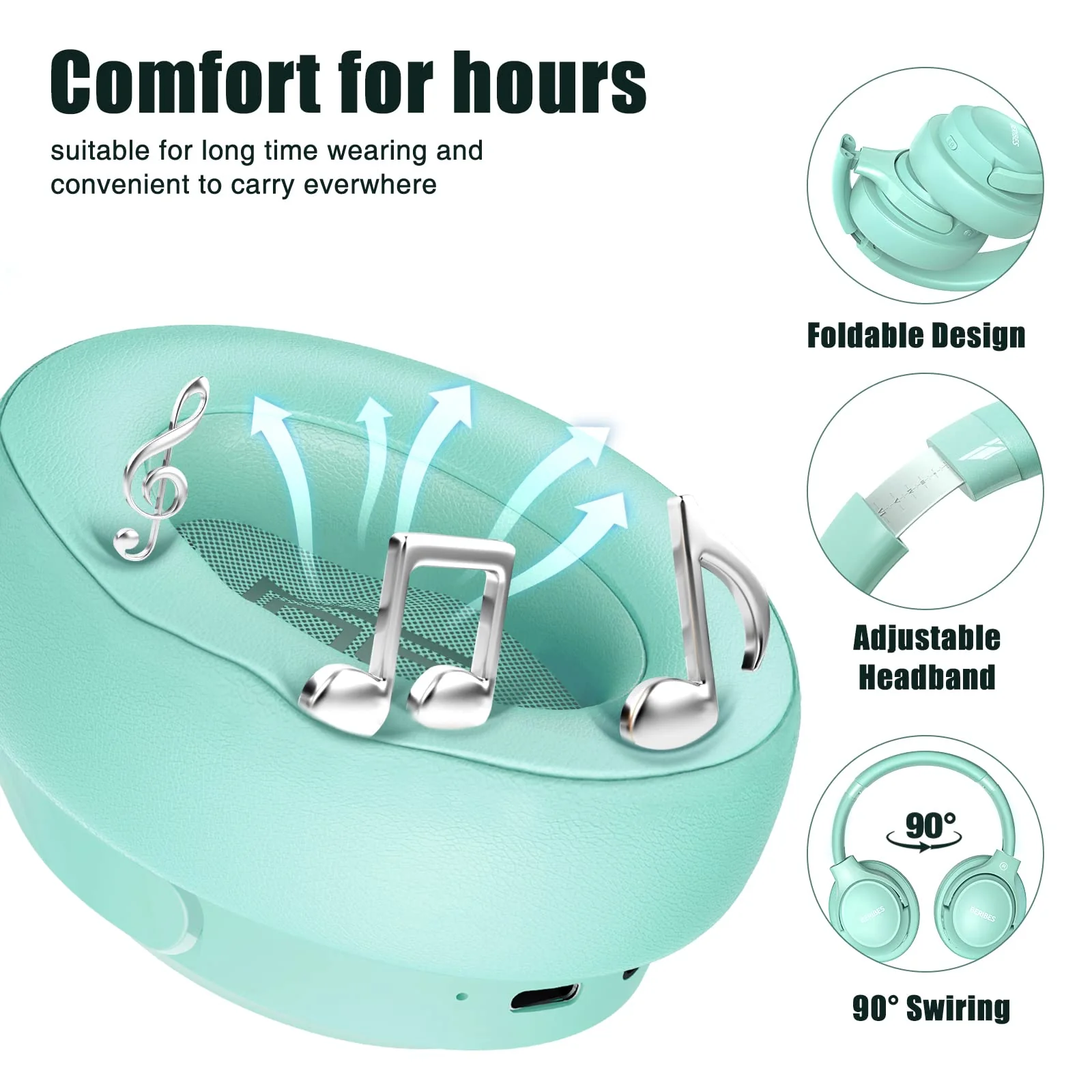 Bluetooth Wireless Headphones Over Ear,BERIBES 65H Playtime and 6 EQ Music Modes with Microphone,HiFi Stereo Foldable Lightweight Headset, Deep Bass for Home Office Cellphone PC Etc.(Green) Green - Image 4