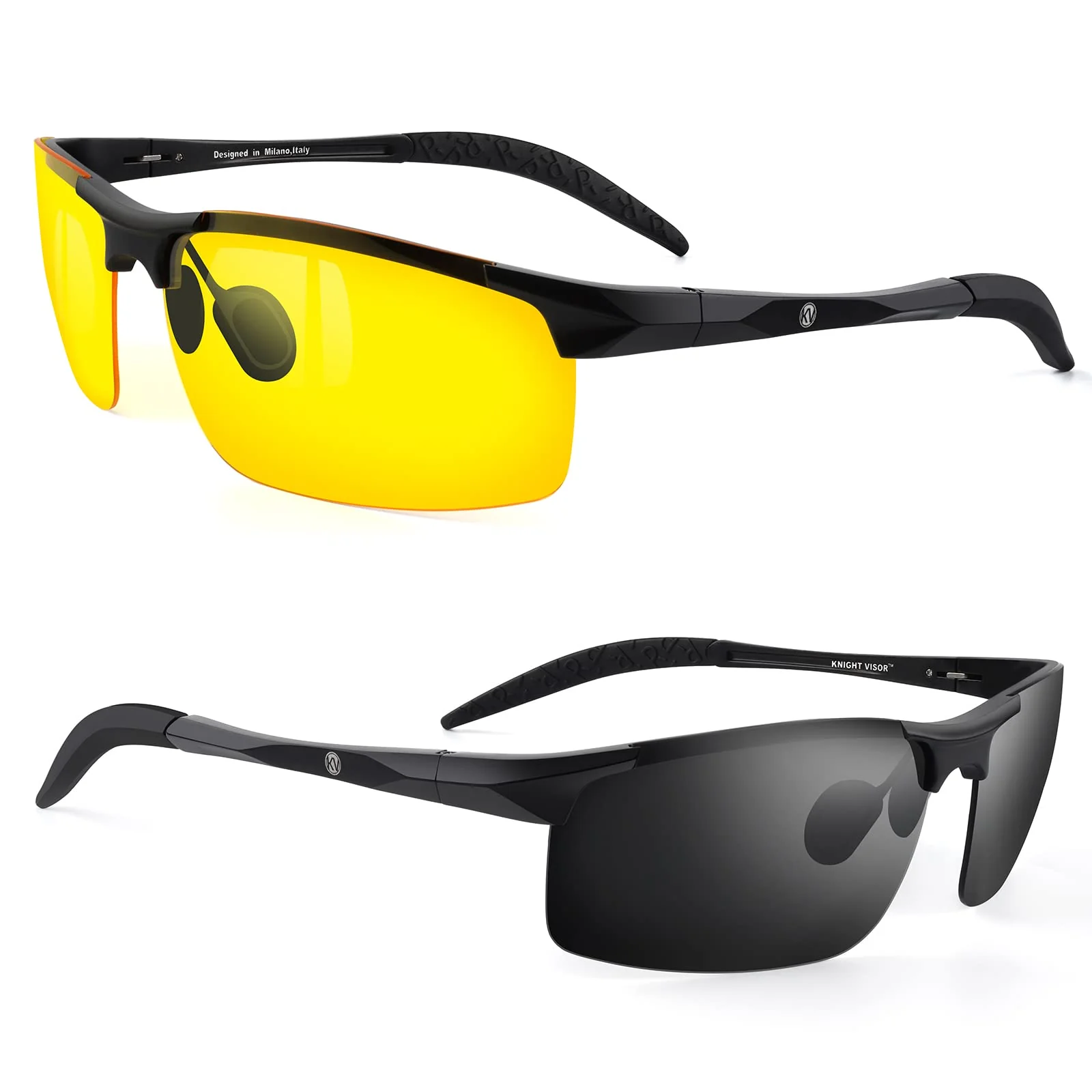 BLUPOND Set of 2 HD Day and Night Driving Glasses - Polarized Sunglasses and Yellow Night Vision Glasses With Car Clip Holder 1 Yellow Lens + 1 Black Lens