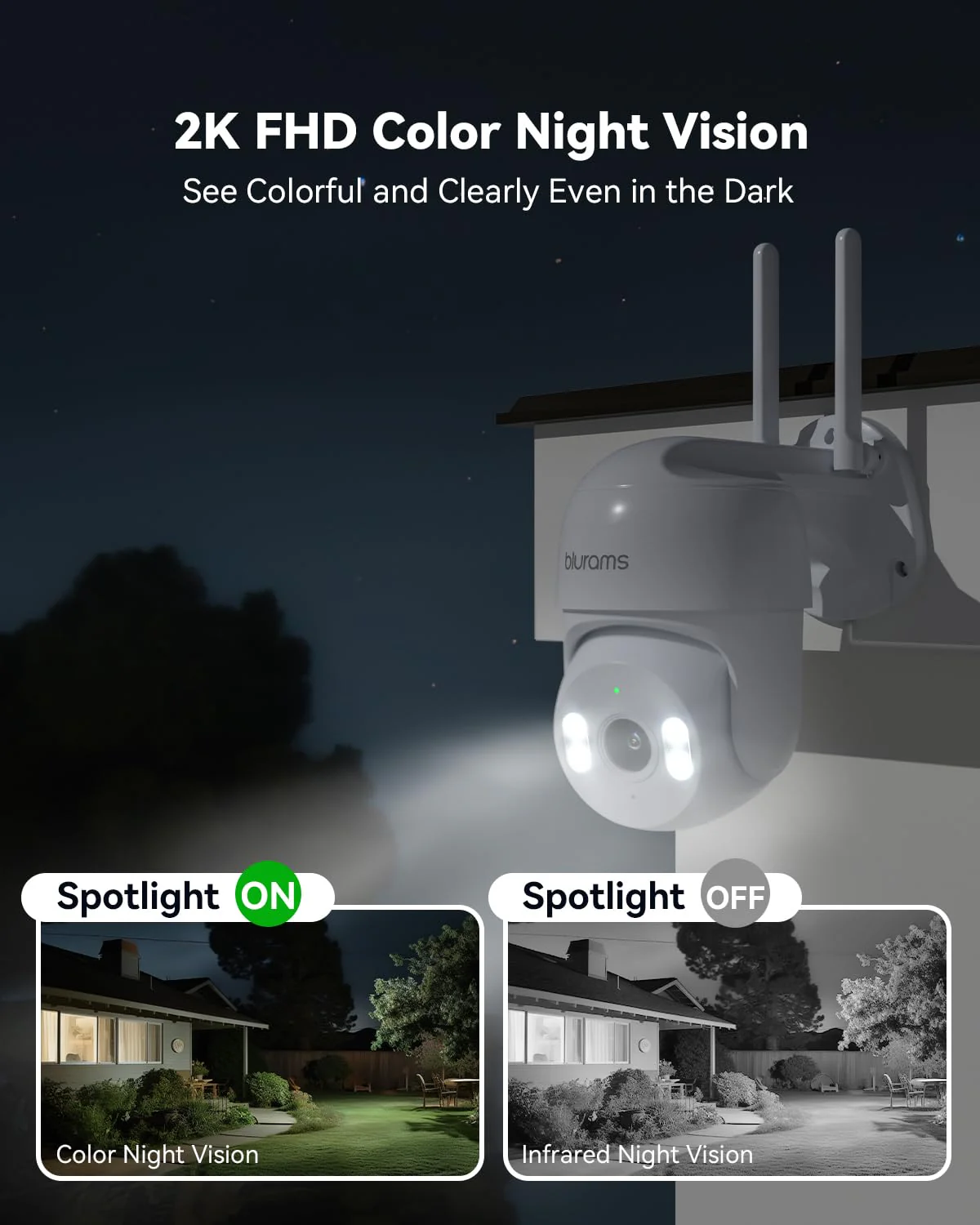 blurams 2K Security Camera Outdoor, 360° PTZ Cameras for Home Security Outside with Motion Detection Tracking, Color Night Vision, Two-Way Audio, IP66 Weatherproof, 2.4GHz Wi-Fi, Works with Alexa White-2K - Image 2