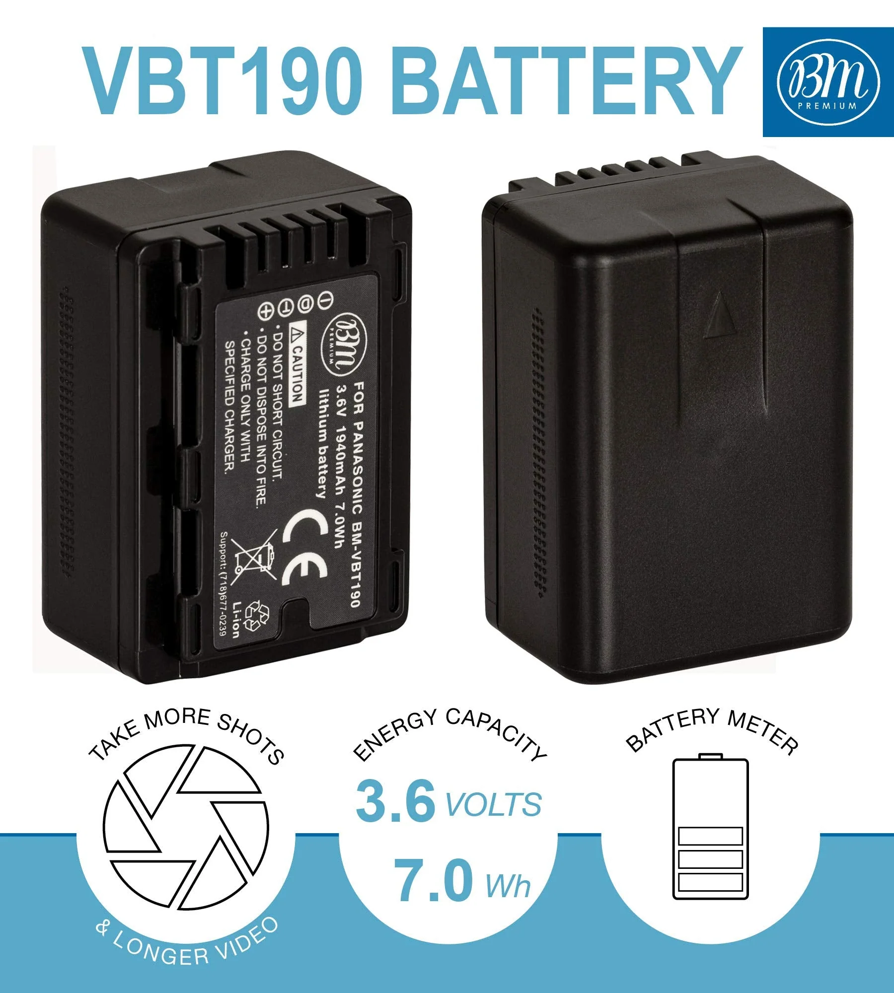 BM Premium 2-Pack of VW-VBT190 Batteries and Battery Charger for HC-V800K, HC-VX1K, HC-WXF1K, HCV520, HC-V550, HCV710, HCV720, HC-V750, HC-V770, HC-VX870, HC-VX981, HC-W580, HC-W850, HCWXF99 - Image 2