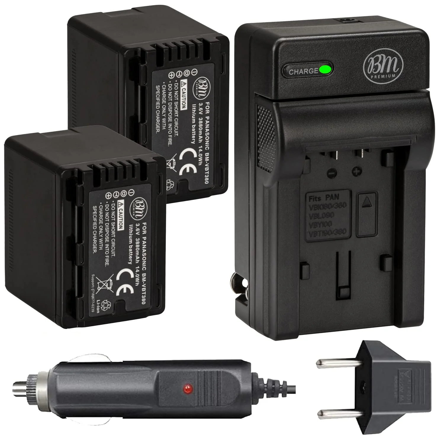 BM Premium 2 VW-VBT380 Batteries and Charger for Panasonic HC-V800K, HC-VX1K, HC-WXF1K, HCV510, HCV520, HC-V550, HCV710, HC-V720, HC-V750, HC-V770, HC-VX870, HC-VX981, HCW580, HC-W850, HC-WXF991